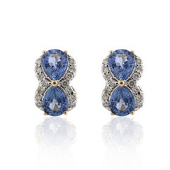 14k Solid Yellow Gold Art Deco Diamond and Blue Sapphire Pushback Stud Earrings