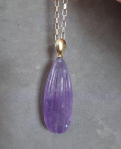14k Solid Yellow Gold Bail Engraved Pear Shape Natural Amethyst Pendant