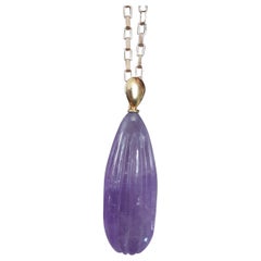 14k Solid Yellow Gold Bail Engraved Pear Shape Natural Amethyst Pendant