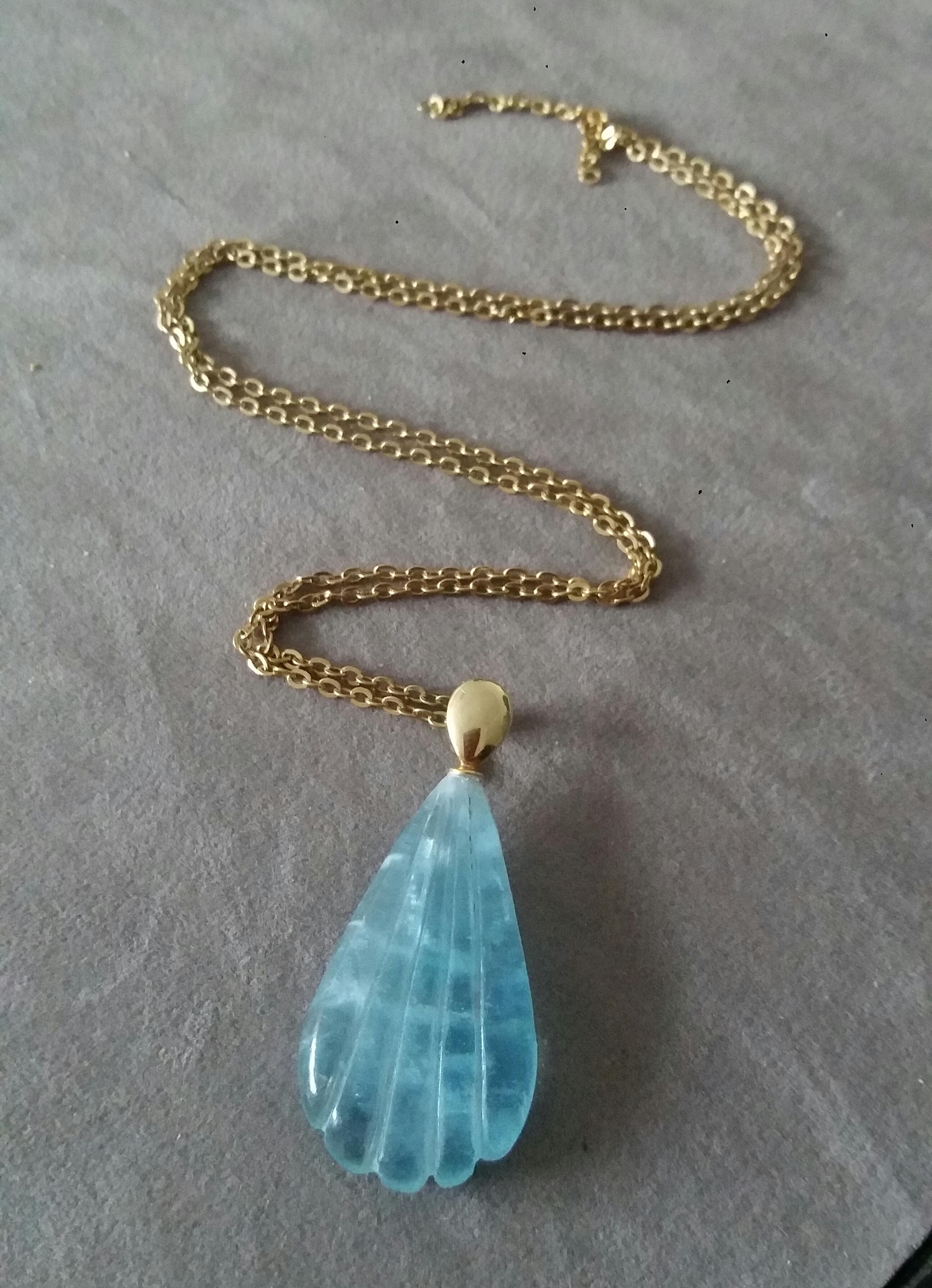 14k Solid Yellow Gold Bail Engraved Pear Shape Natural Aquamarine Pendant For Sale 5