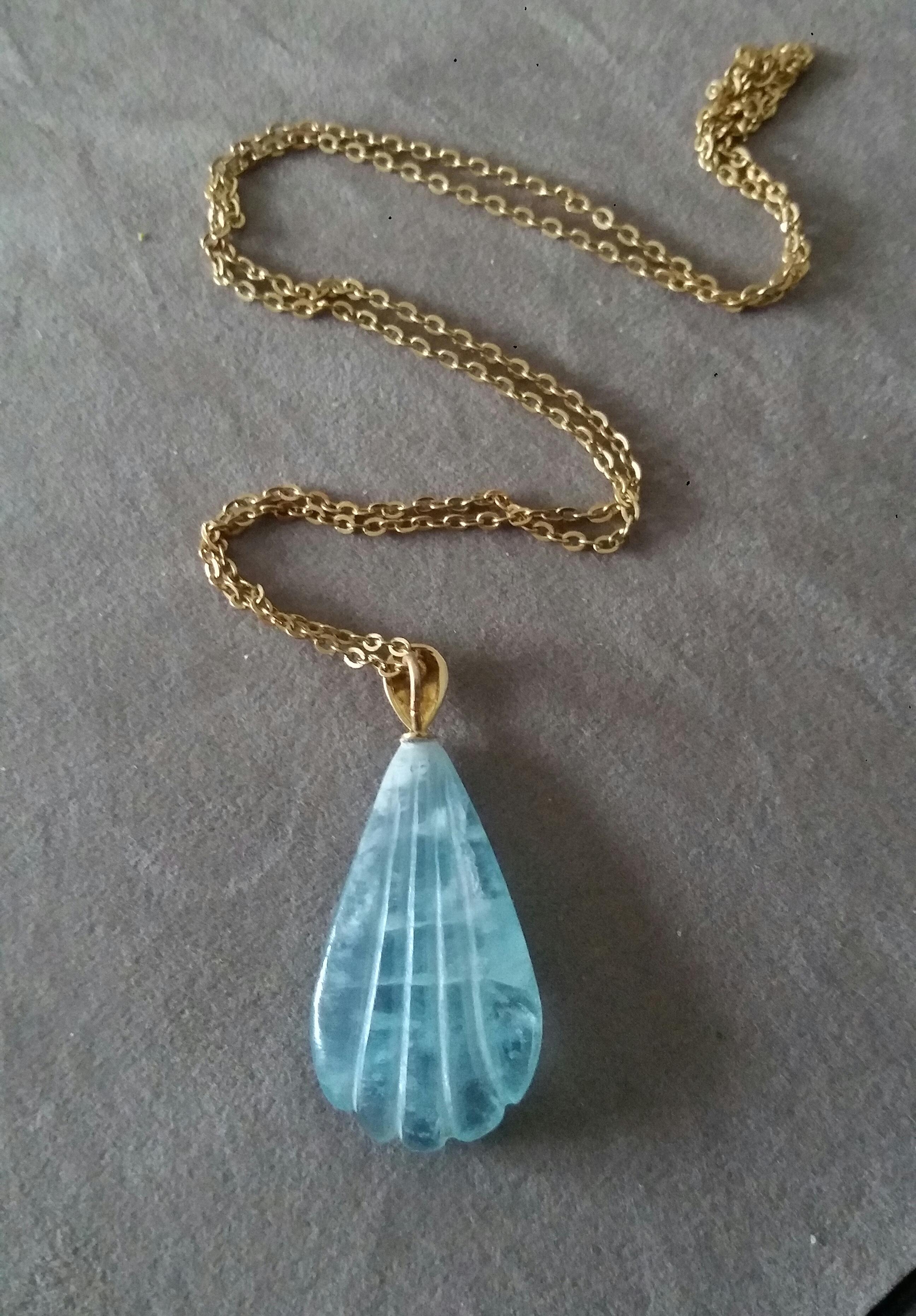 14k Solid Yellow Gold Bail Engraved Pear Shape Natural Aquamarine Pendant For Sale 7