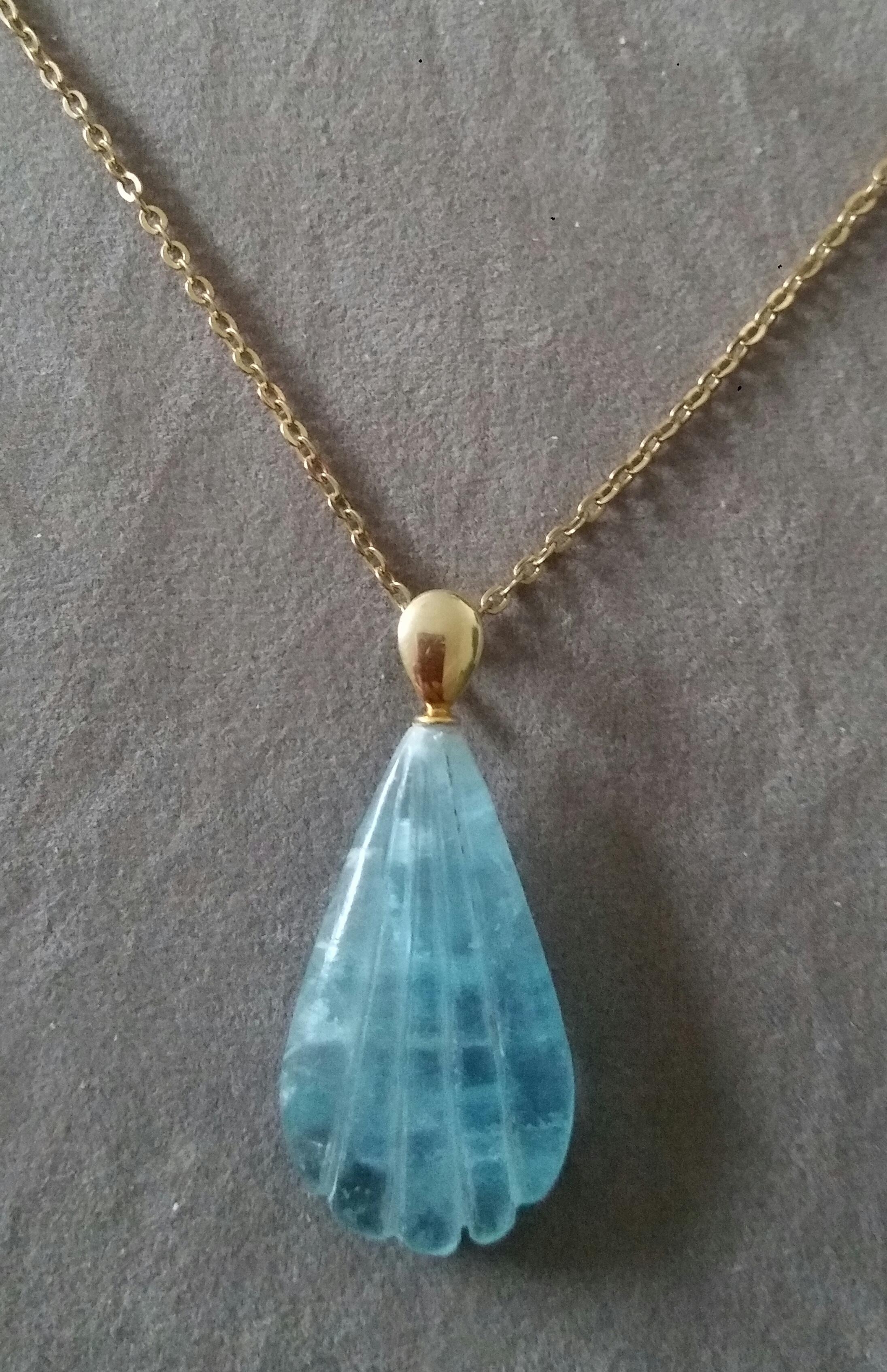 14k Solid Yellow Gold Bail Engraved Pear Shape Natural Aquamarine Pendant For Sale 9