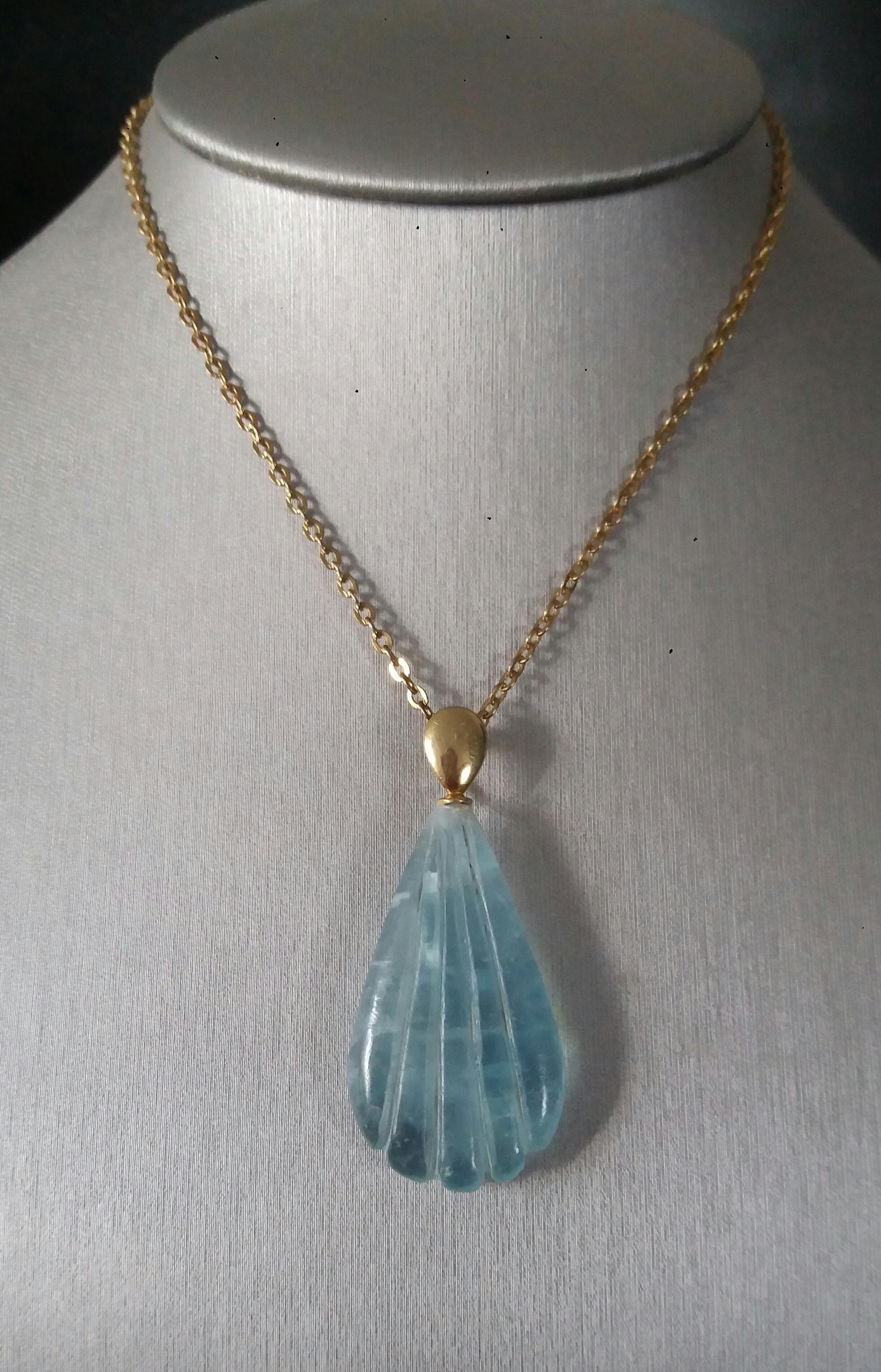 14k Solid Yellow Gold Bail Engraved Pear Shape Natural Aquamarine Pendant For Sale 11