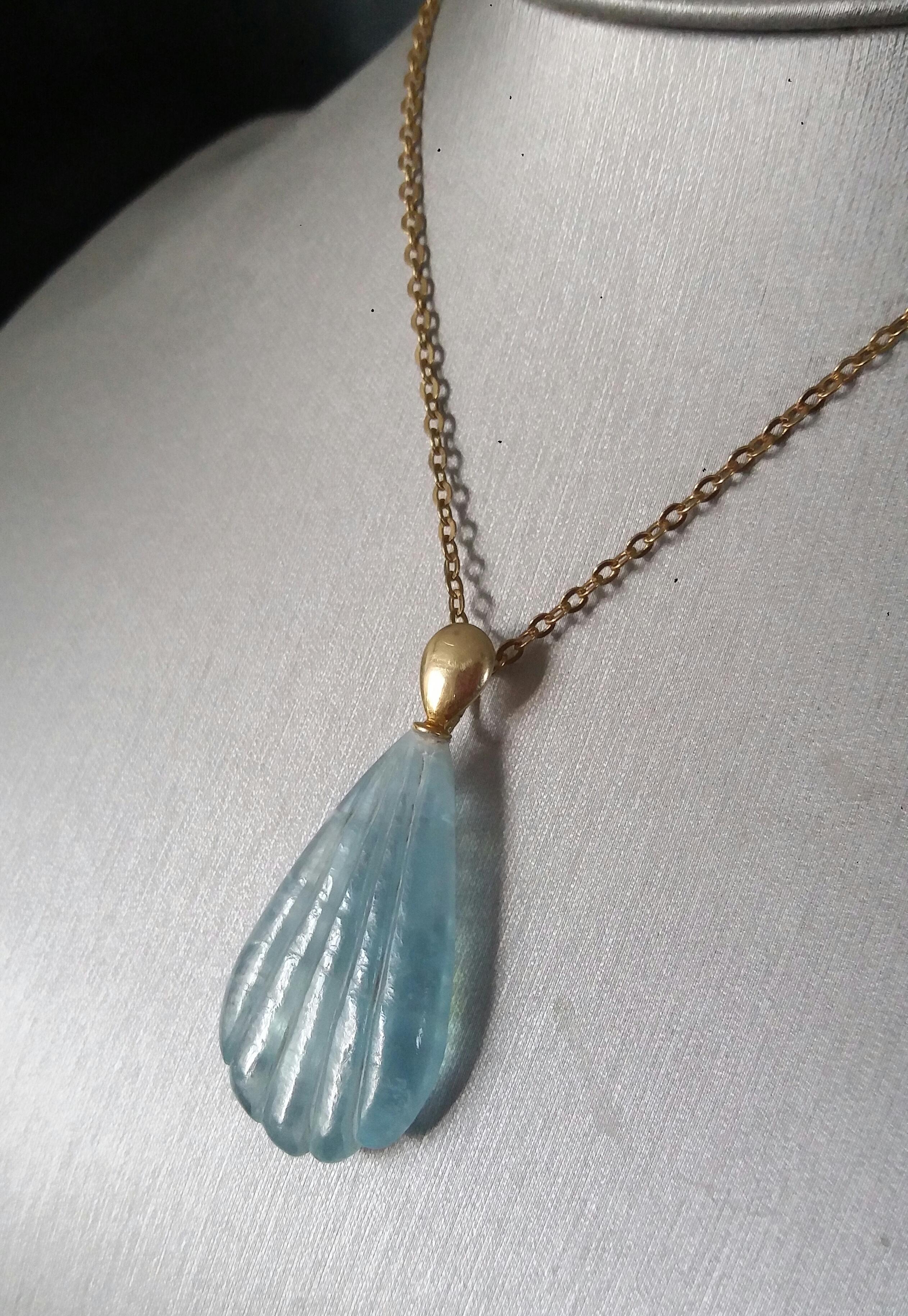 14k Solid Yellow Gold Bail Engraved Pear Shape Natural Aquamarine Pendant For Sale 12