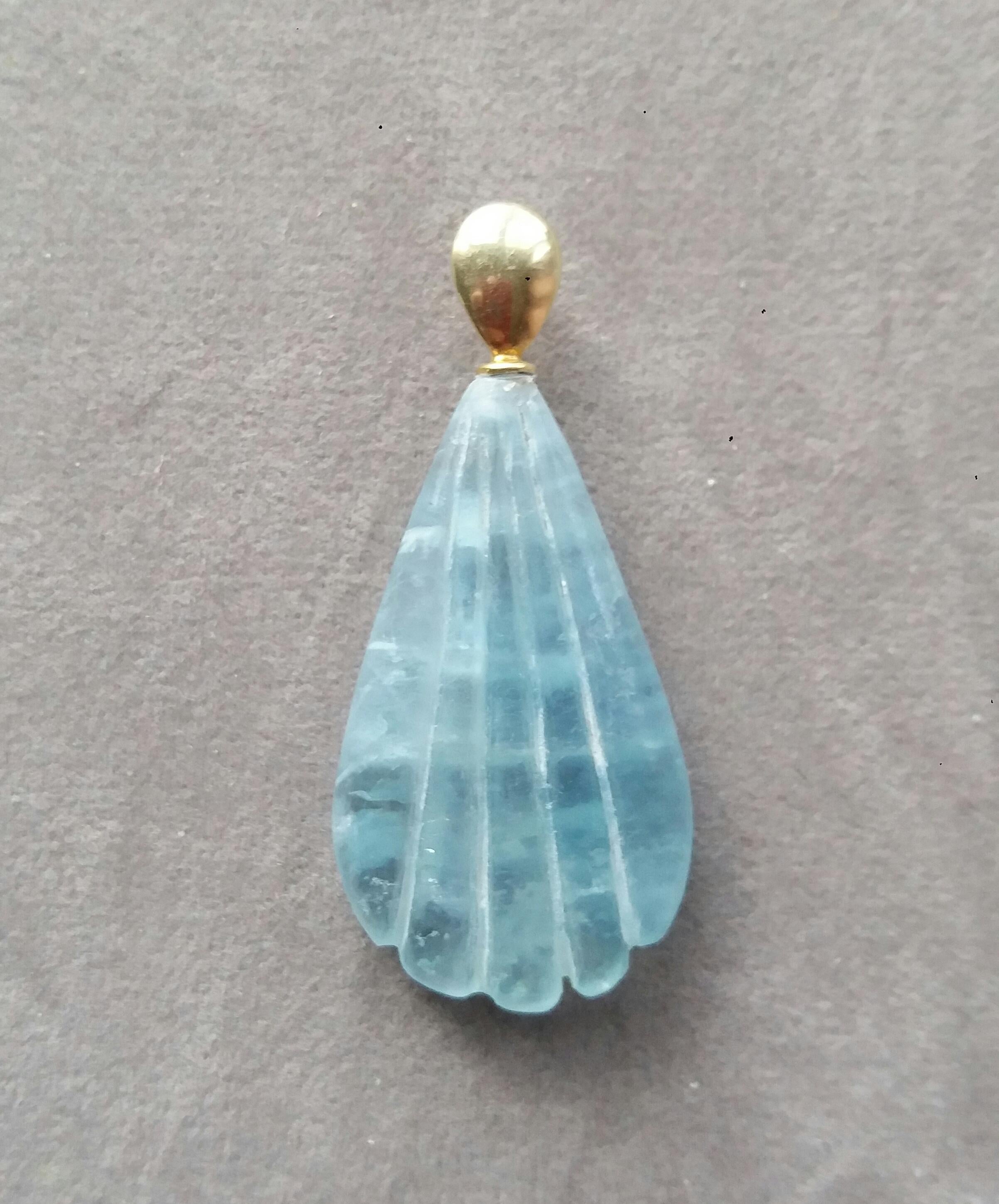 Simple chic Engraved Pear Shape Natural Aquamarine  pendant measuring 21 mm x37 mm set with solid 14 Kt. yellow gold bail (chain not included)

In 1978 our workshop started in Italy to make simple-chic Art Deco style jewellery, completely handmade