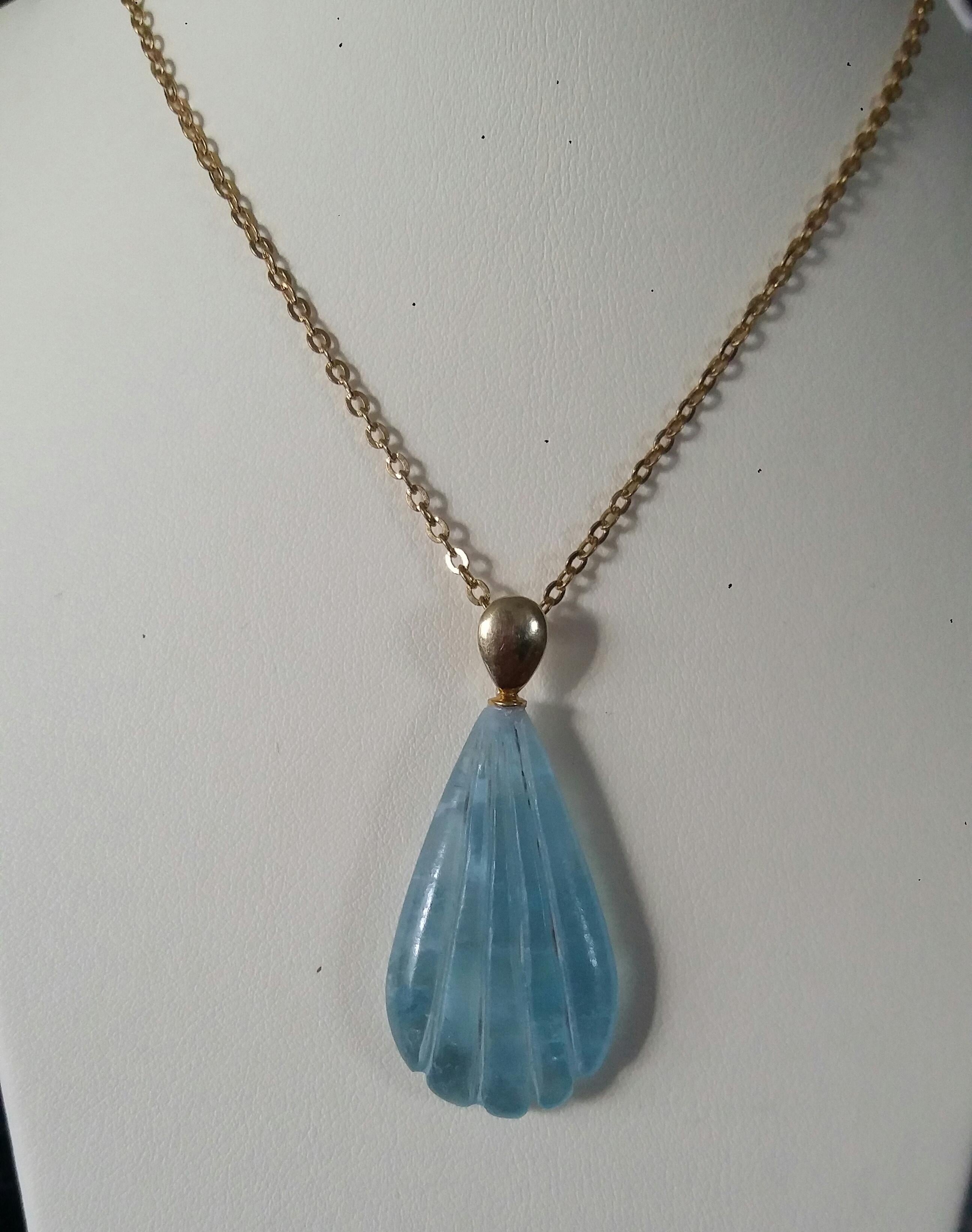 Artisan 14k Solid Yellow Gold Bail Engraved Pear Shape Natural Aquamarine Pendant For Sale