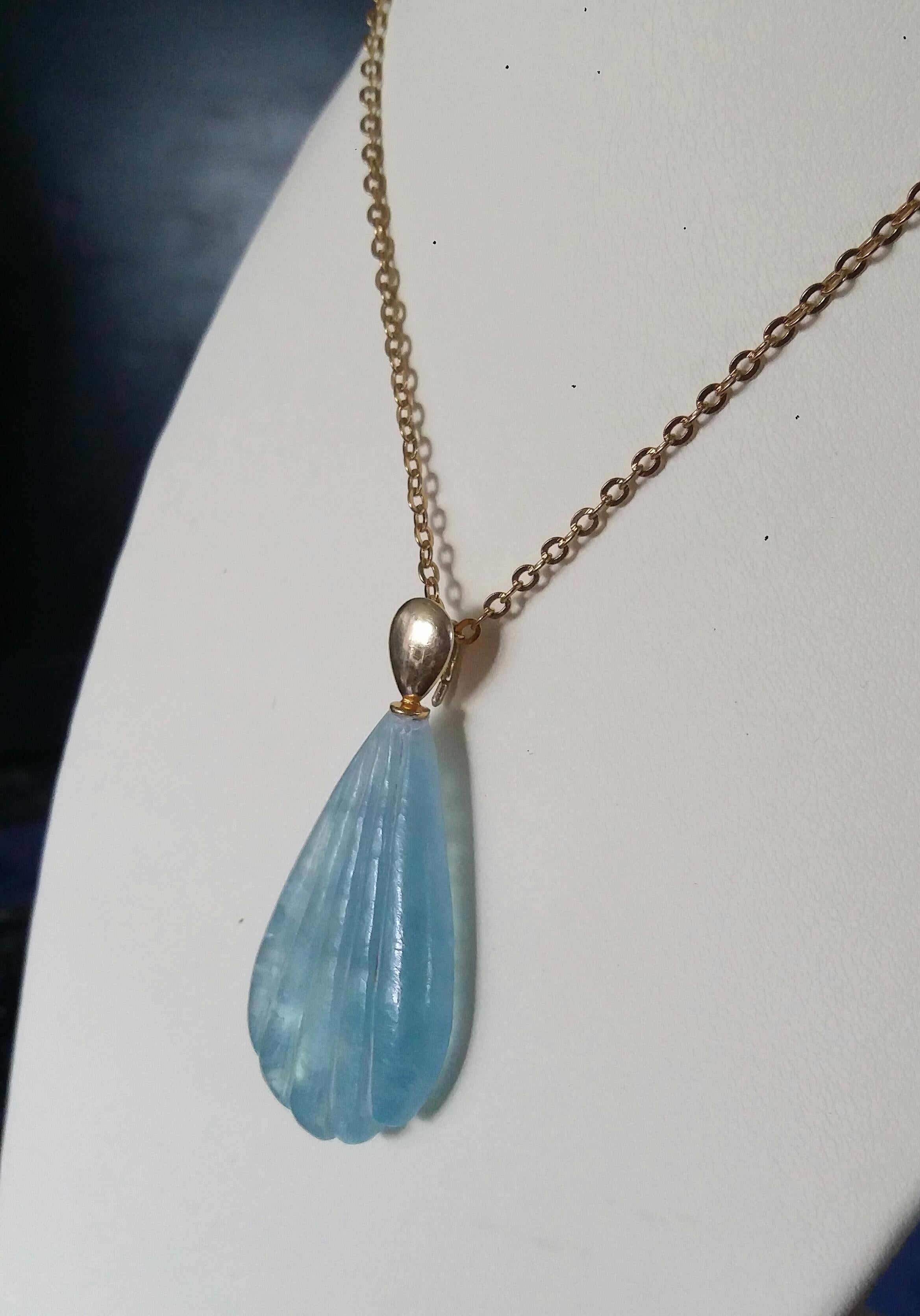 Pear Cut 14k Solid Yellow Gold Bail Engraved Pear Shape Natural Aquamarine Pendant For Sale