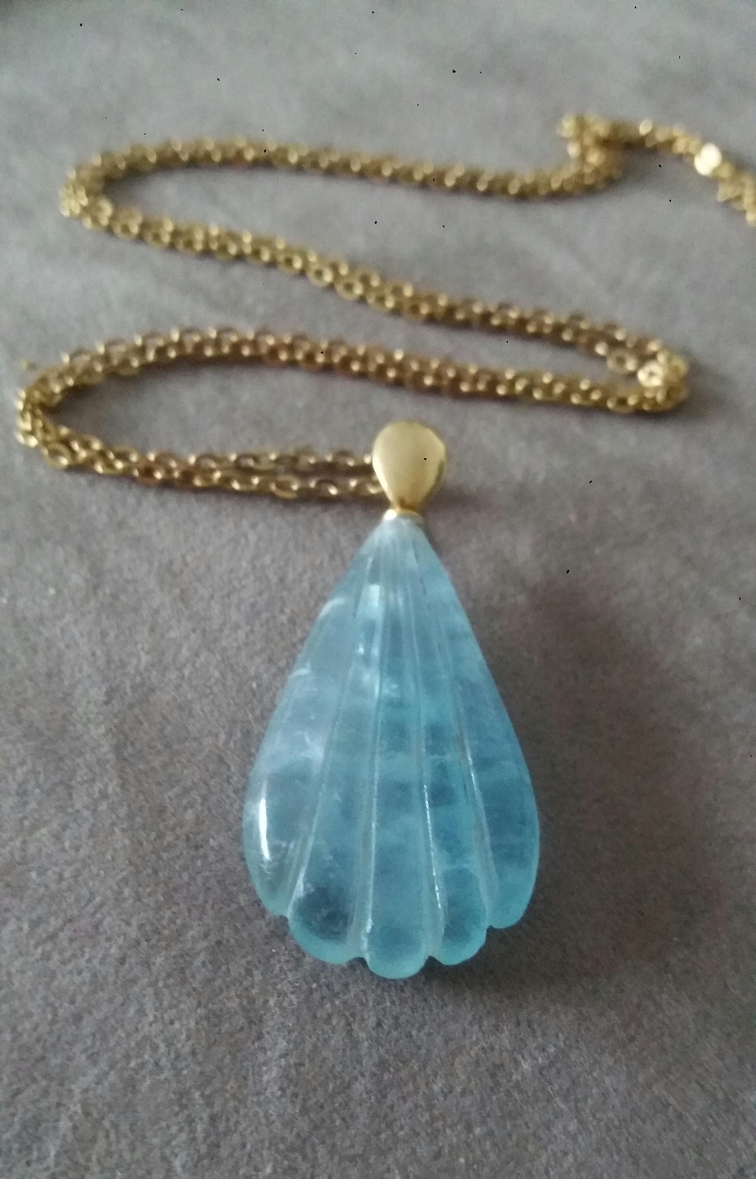 Women's 14k Solid Yellow Gold Bail Engraved Pear Shape Natural Aquamarine Pendant For Sale