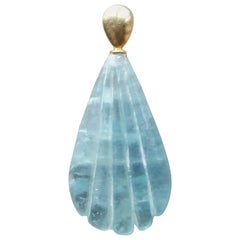 14k Solid Yellow Gold Bail Engraved Pear Shape Natural Aquamarine Pendant
