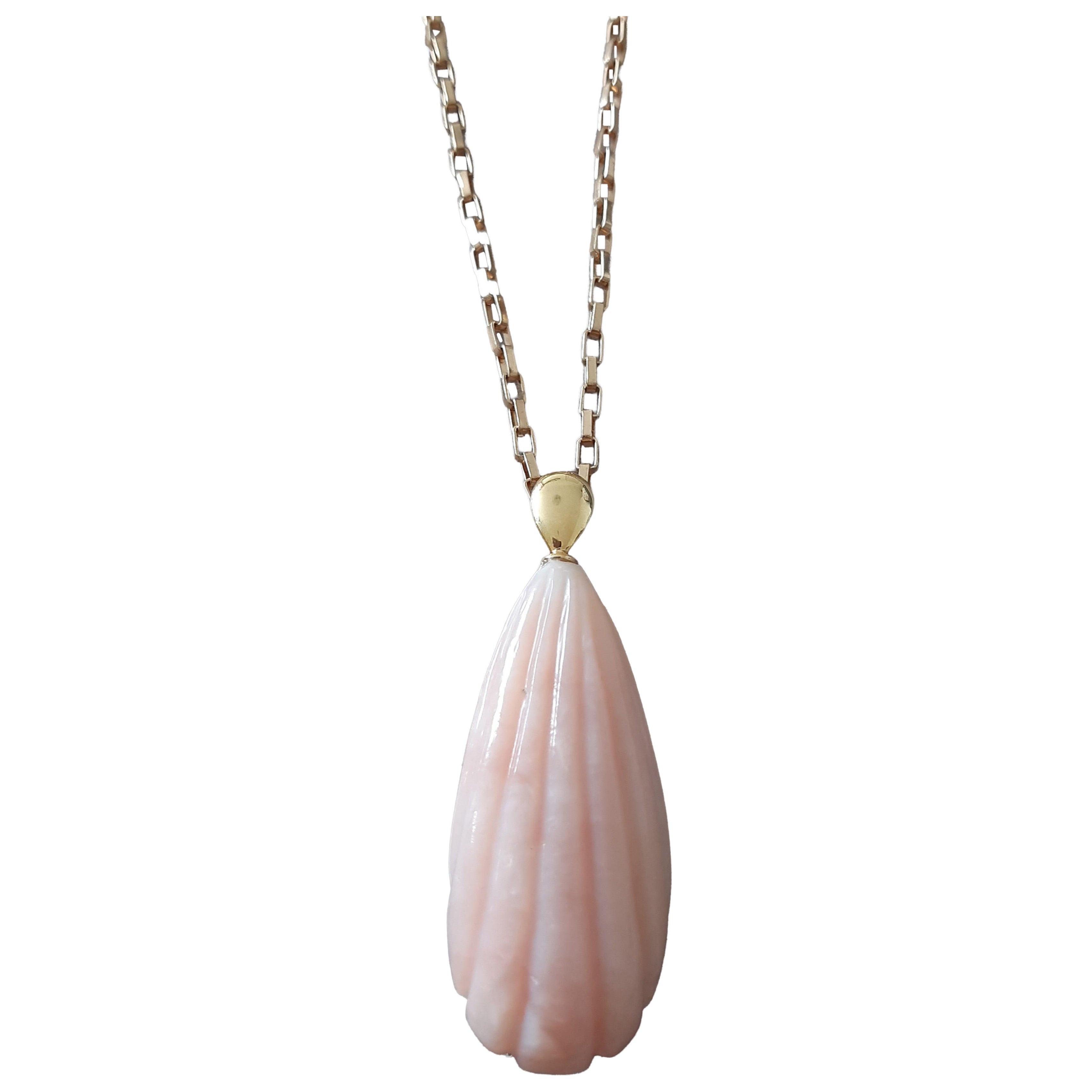 14k Solid Yellow Gold Bail Engraved Pear Shape Natural Pink Opal Pendant For Sale