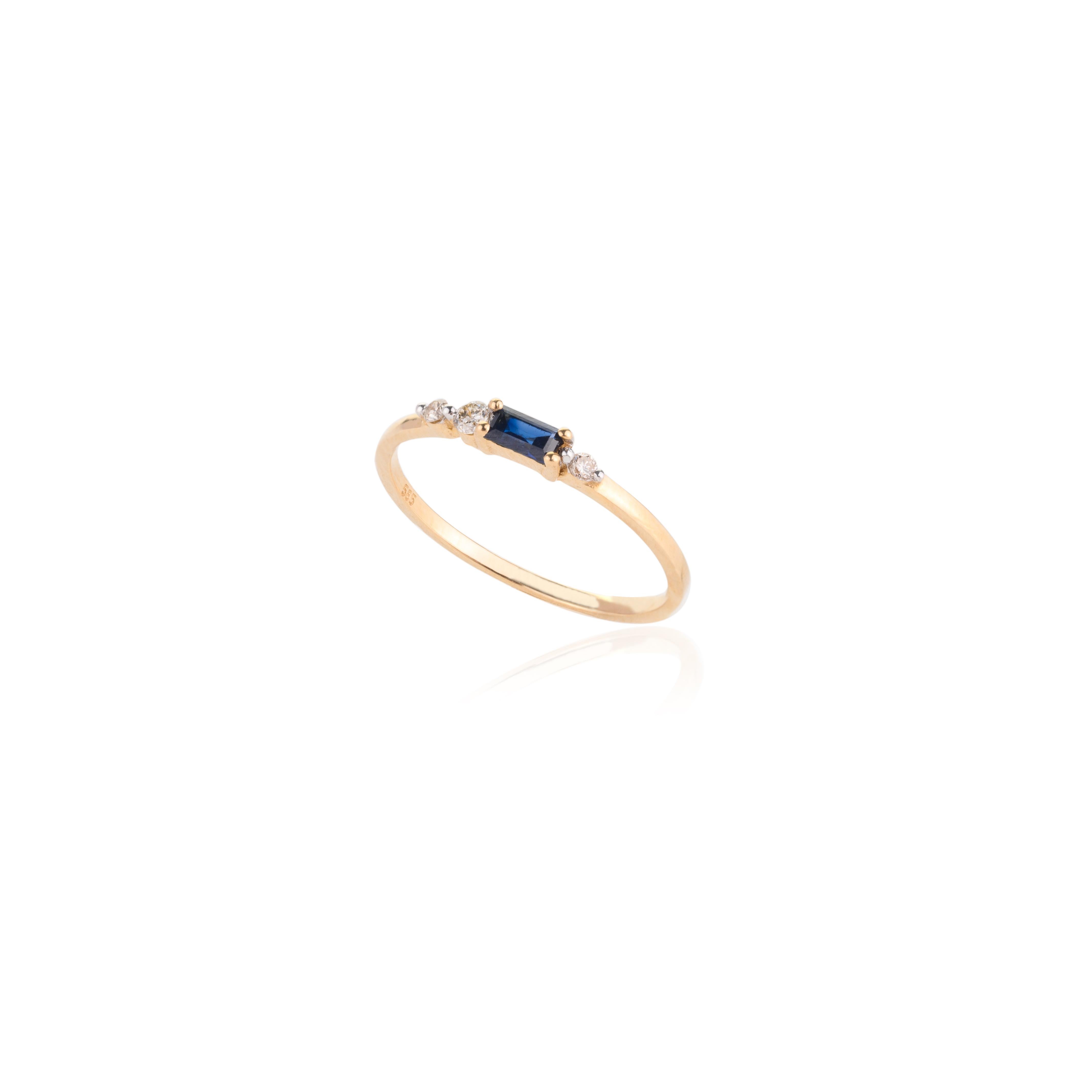 For Sale:  14k Solid Yellow Gold Blue Sapphire and Diamond Stackable Ring for Her 6