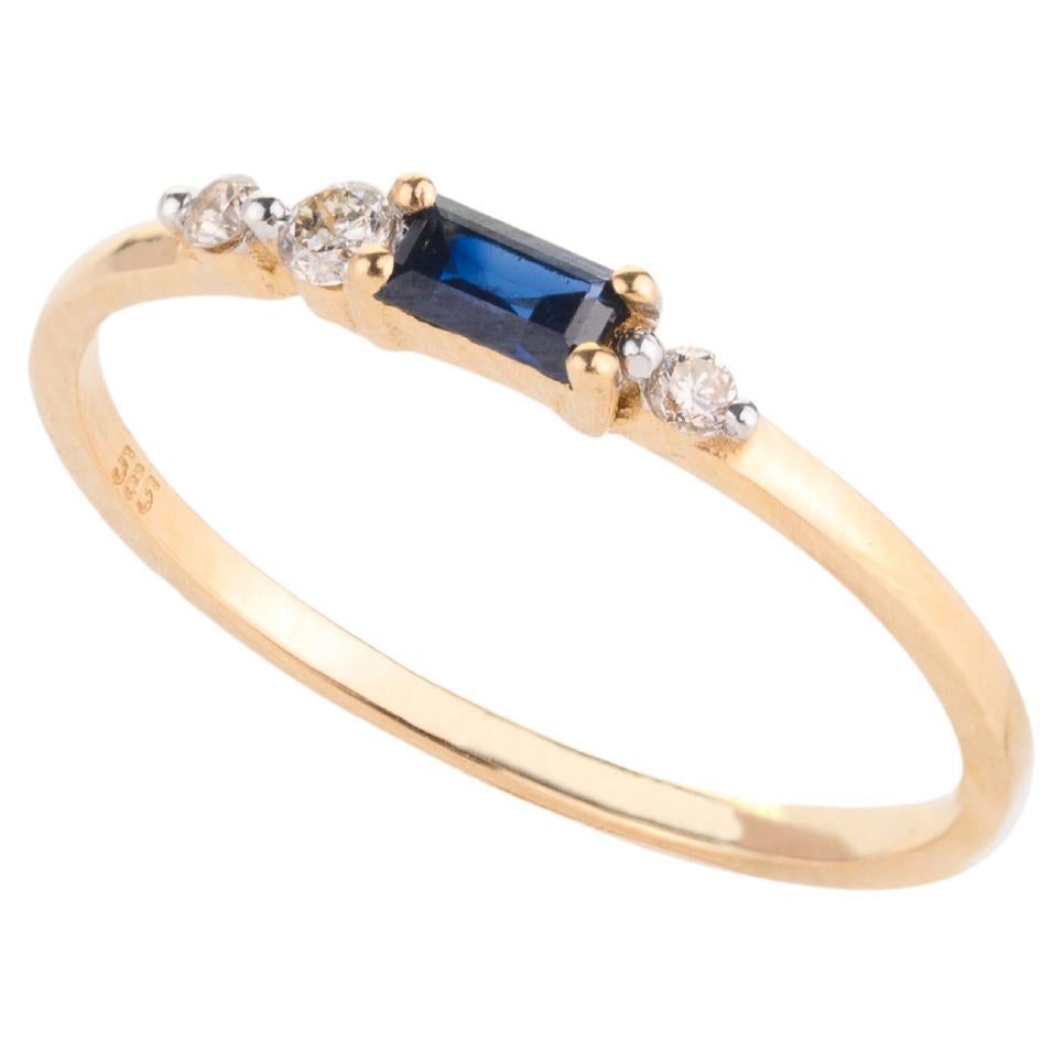 14k Solid Yellow Gold Blue Sapphire and Diamond Stackable Ring for Her