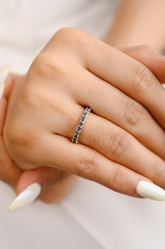 14k Solid Yellow Gold Round Cut Blue Sapphire Birthstone Eternity Band Ring