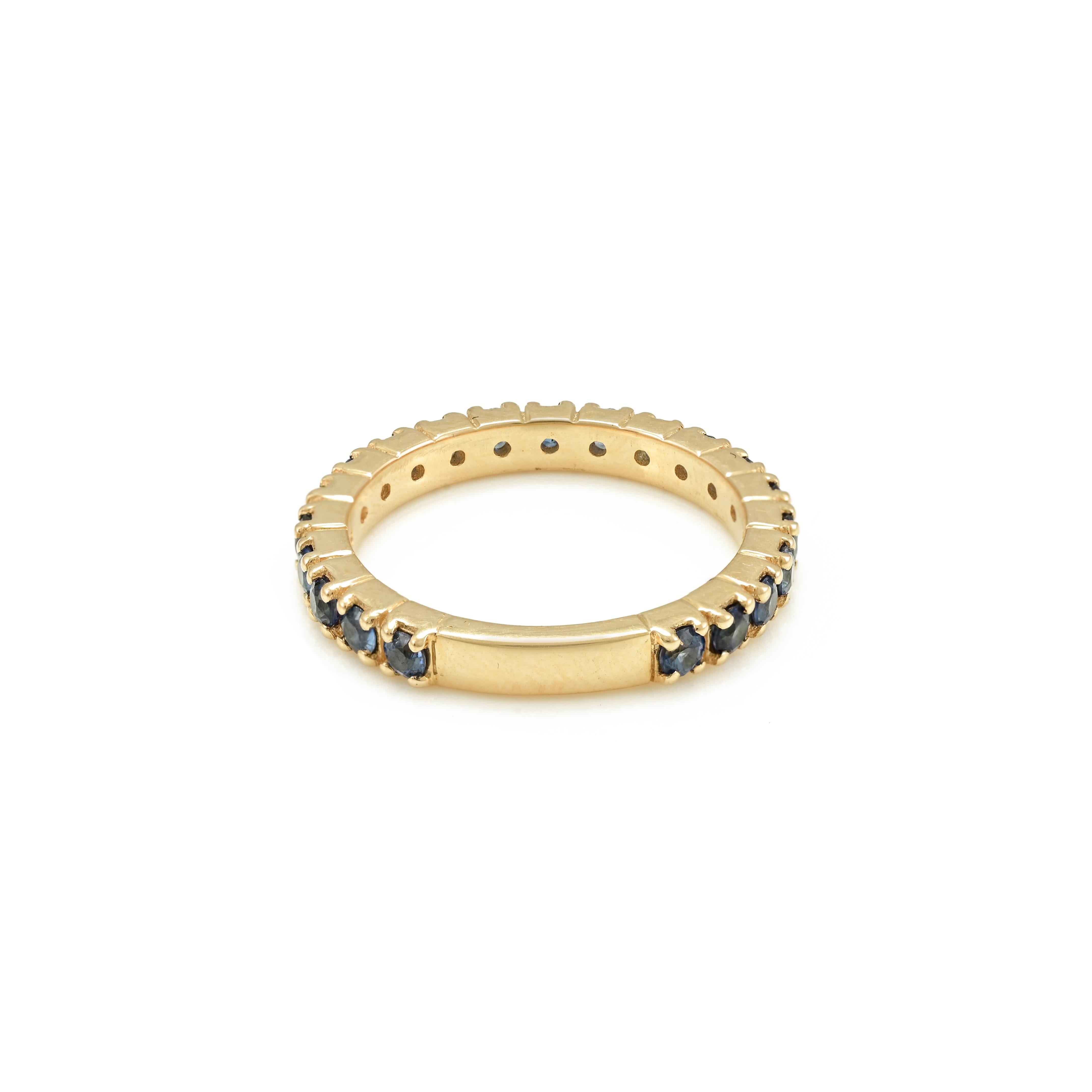 For Sale:  14k Solid Yellow Gold Round Cut Blue Sapphire Birthstone Eternity Band Ring 3
