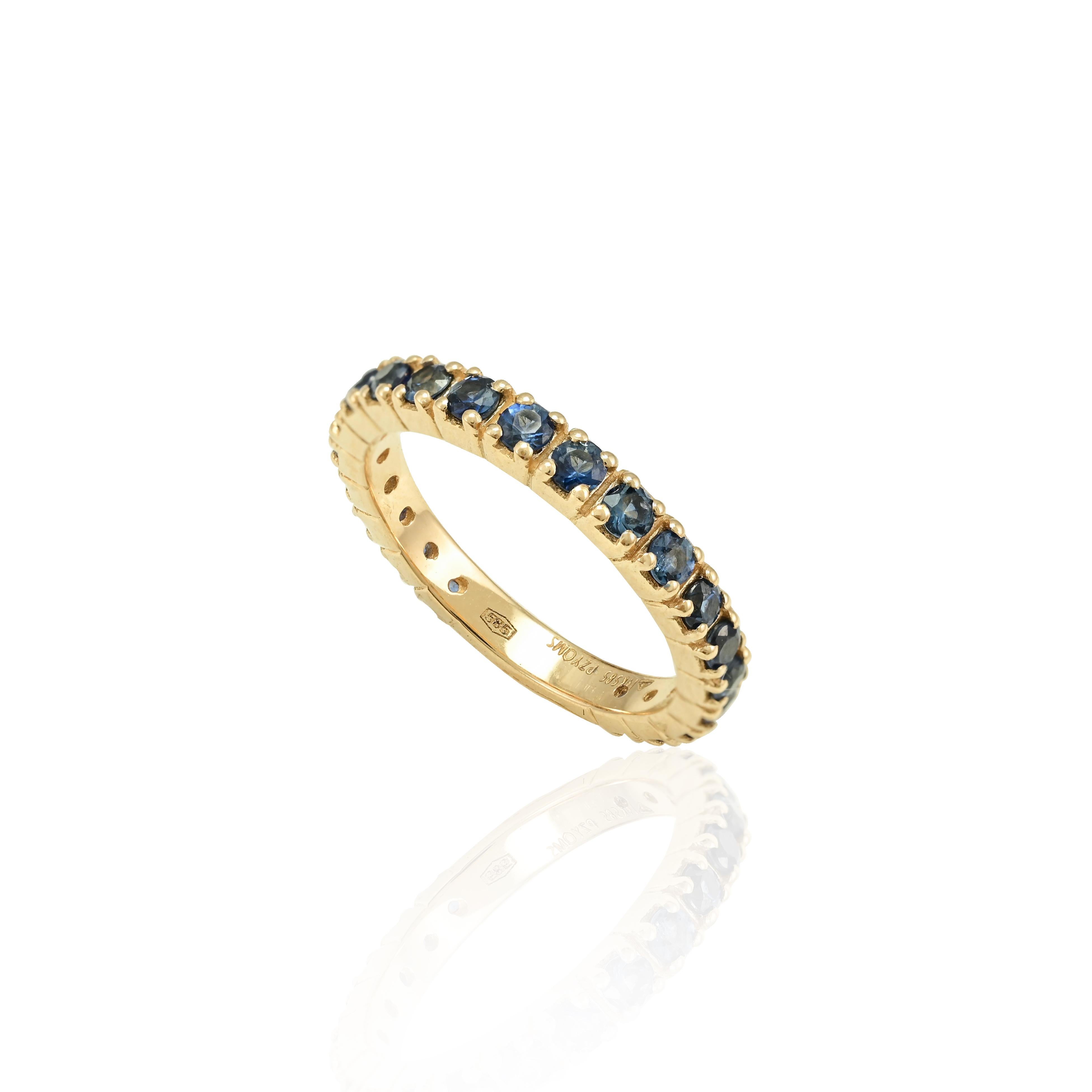 For Sale:  14k Solid Yellow Gold Round Cut Blue Sapphire Birthstone Eternity Band Ring 5