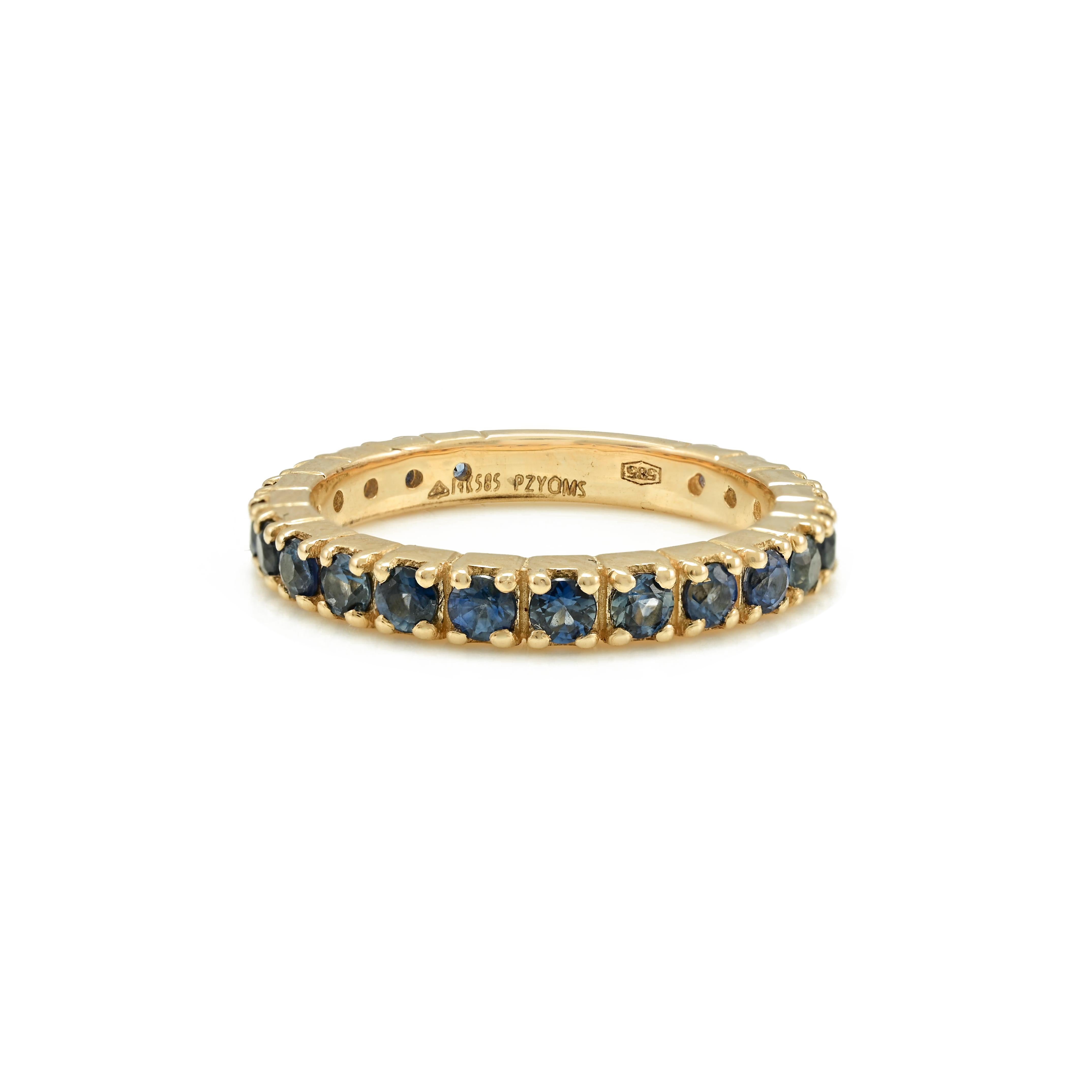 For Sale:  14k Solid Yellow Gold Round Cut Blue Sapphire Birthstone Eternity Band Ring 6