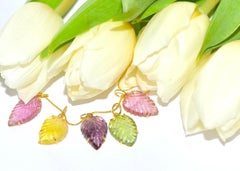 14k Solid Yellow Gold Carved Green, Pink, Yellow Tourmaline Leaf Charm Necklace