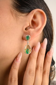 14k Solid Yellow Gold Certified Emerald Diamond Drop Earrings for Wedding