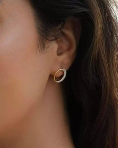 14K Solid Yellow Gold Crescent Moon Earrings with Natural Diamond