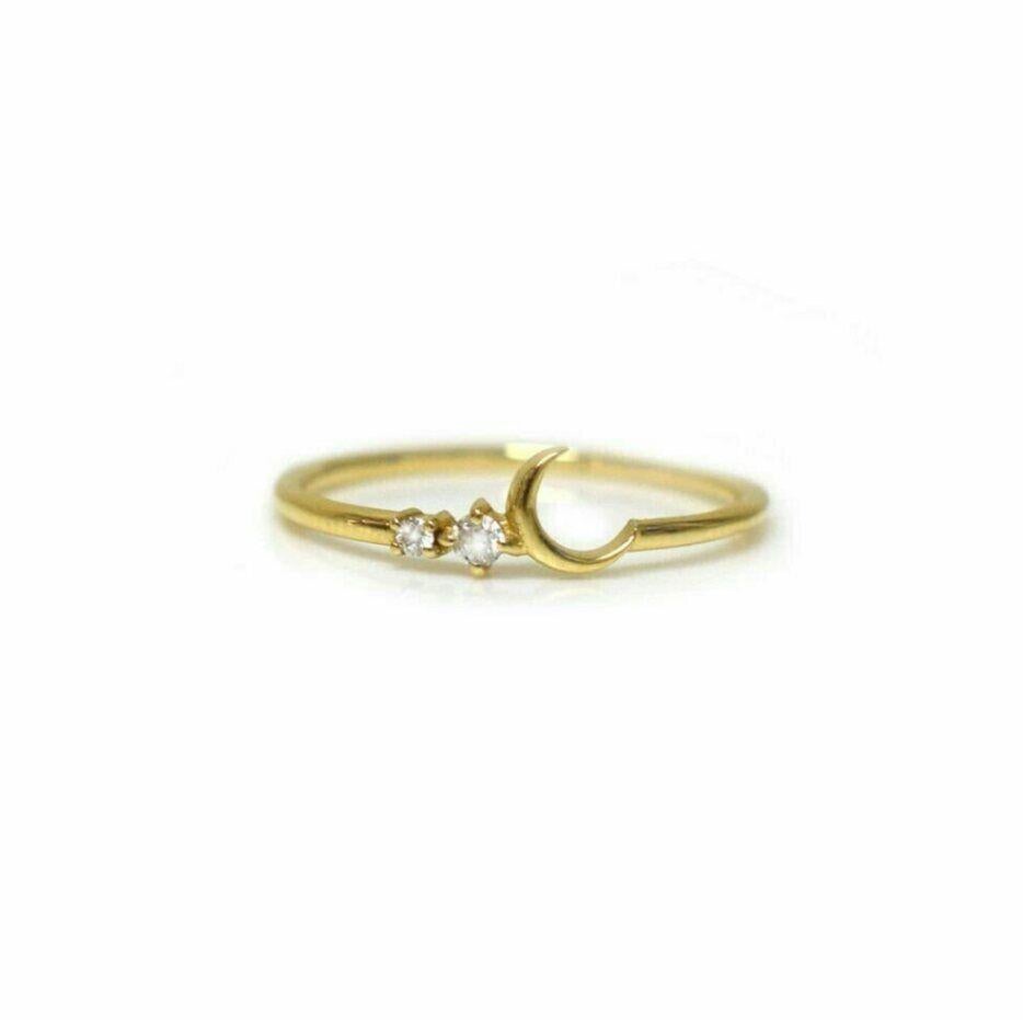 14K Solid Yellow Gold Crescent Moon Ring Band 2 Diamond ring For Wife Gift For Sale 5