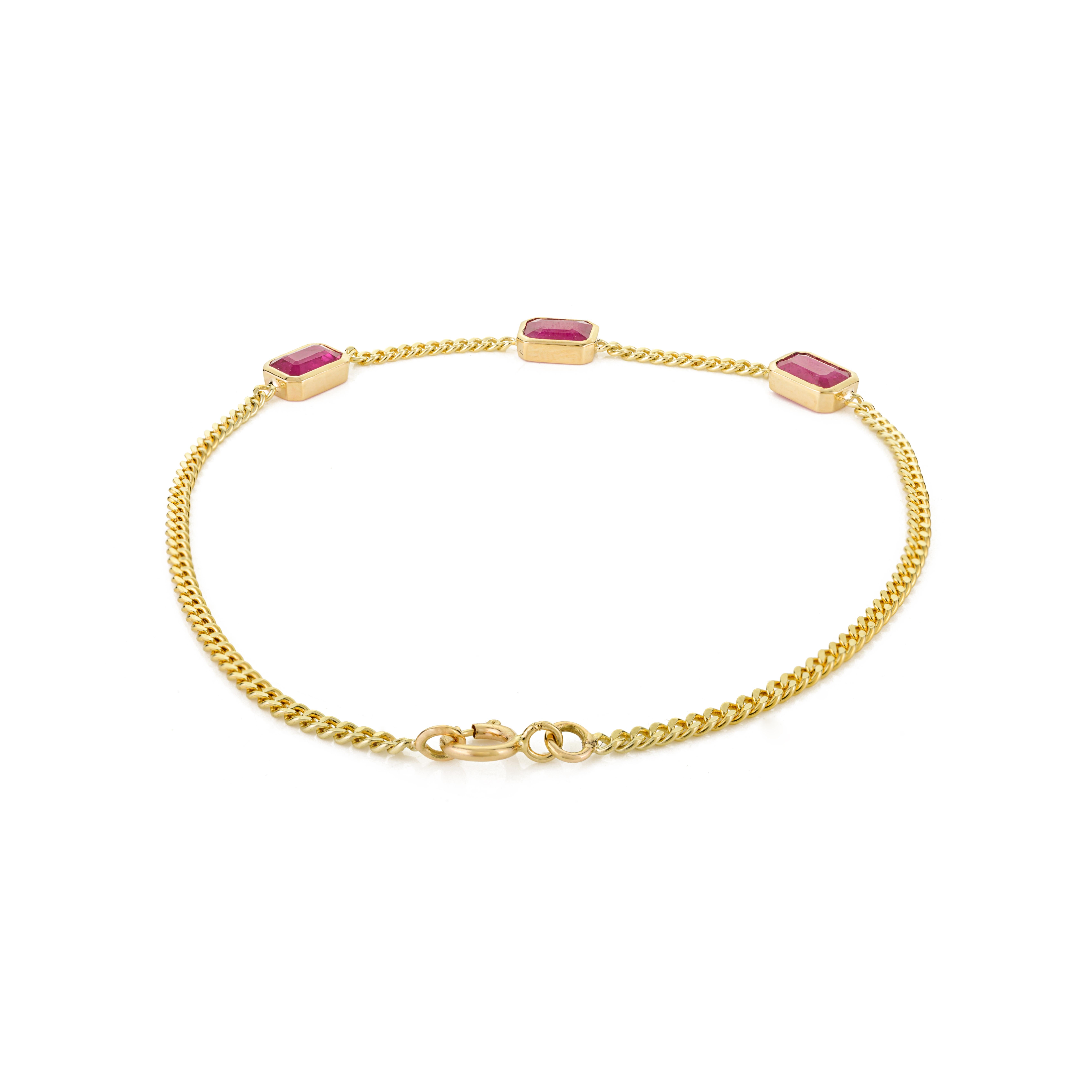 Moderniste Bracelet en or jaune massif 14k avec chaîne à rubis Fine Statement Jewelry en vente