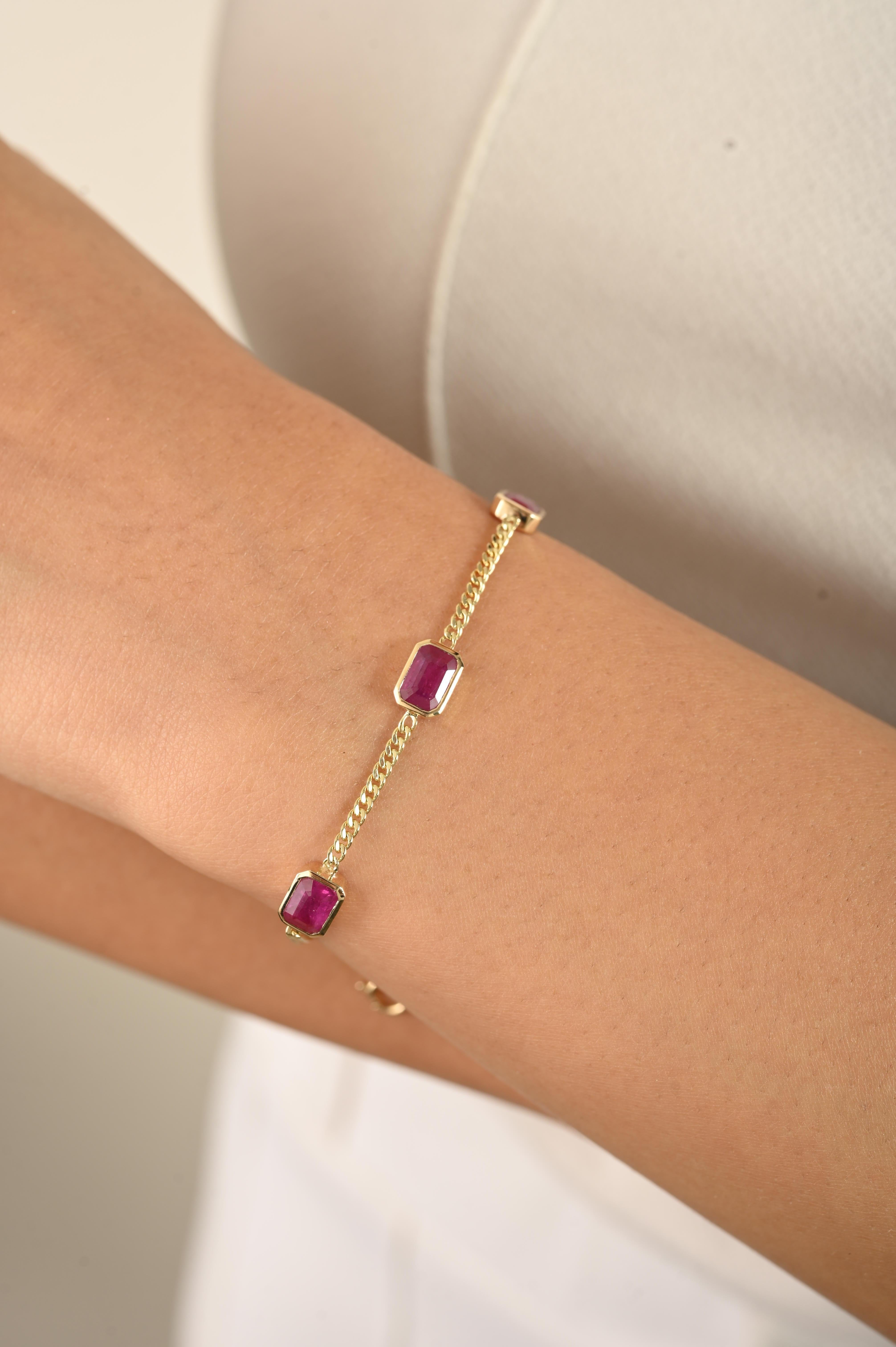 Taille octogone Bracelet en or jaune massif 14k avec chaîne à rubis Fine Statement Jewelry en vente