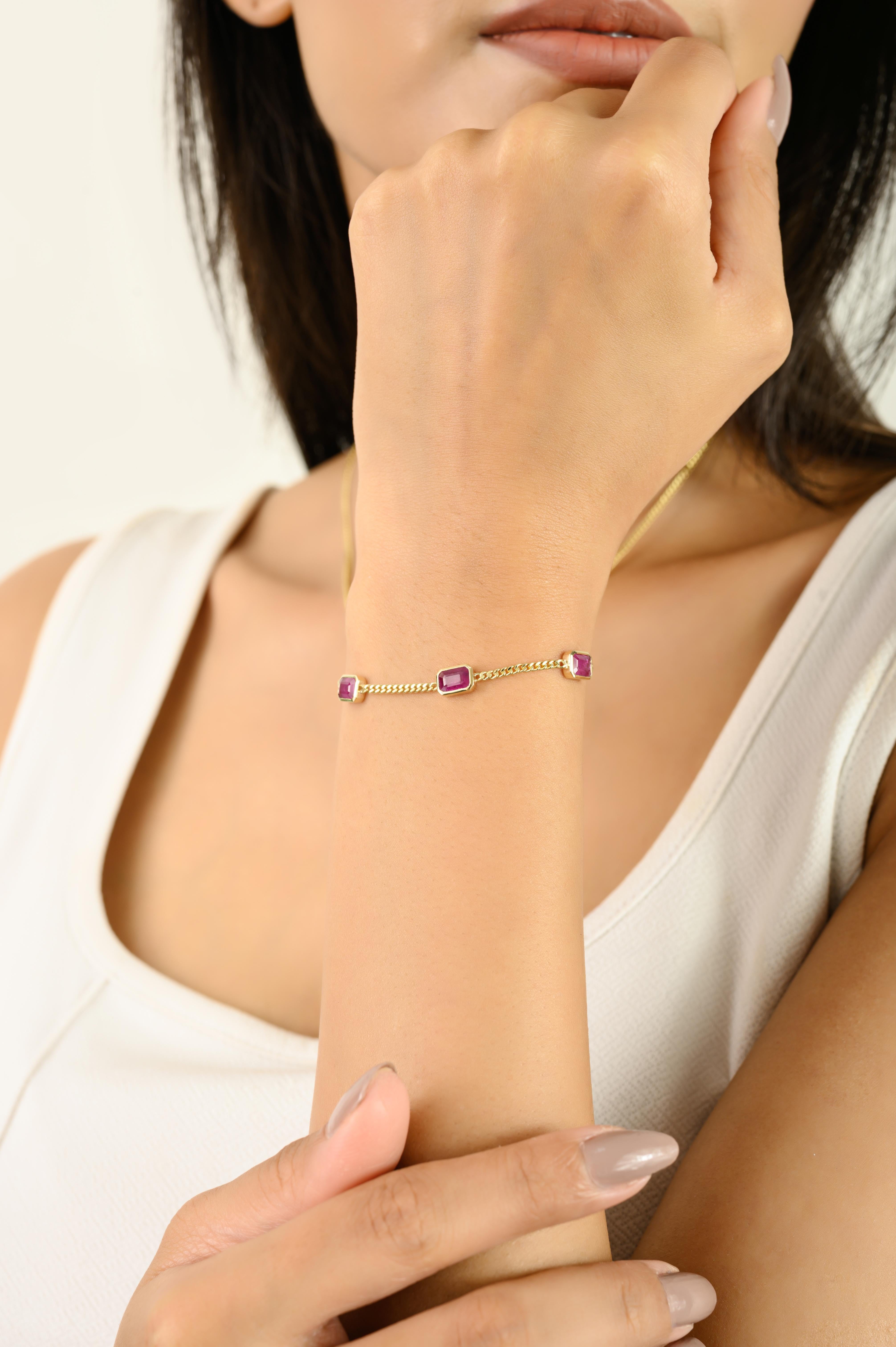 Taille octogone Bracelet en or jaune massif 14k avec chaîne à rubis Fine Statement Jewelry en vente
