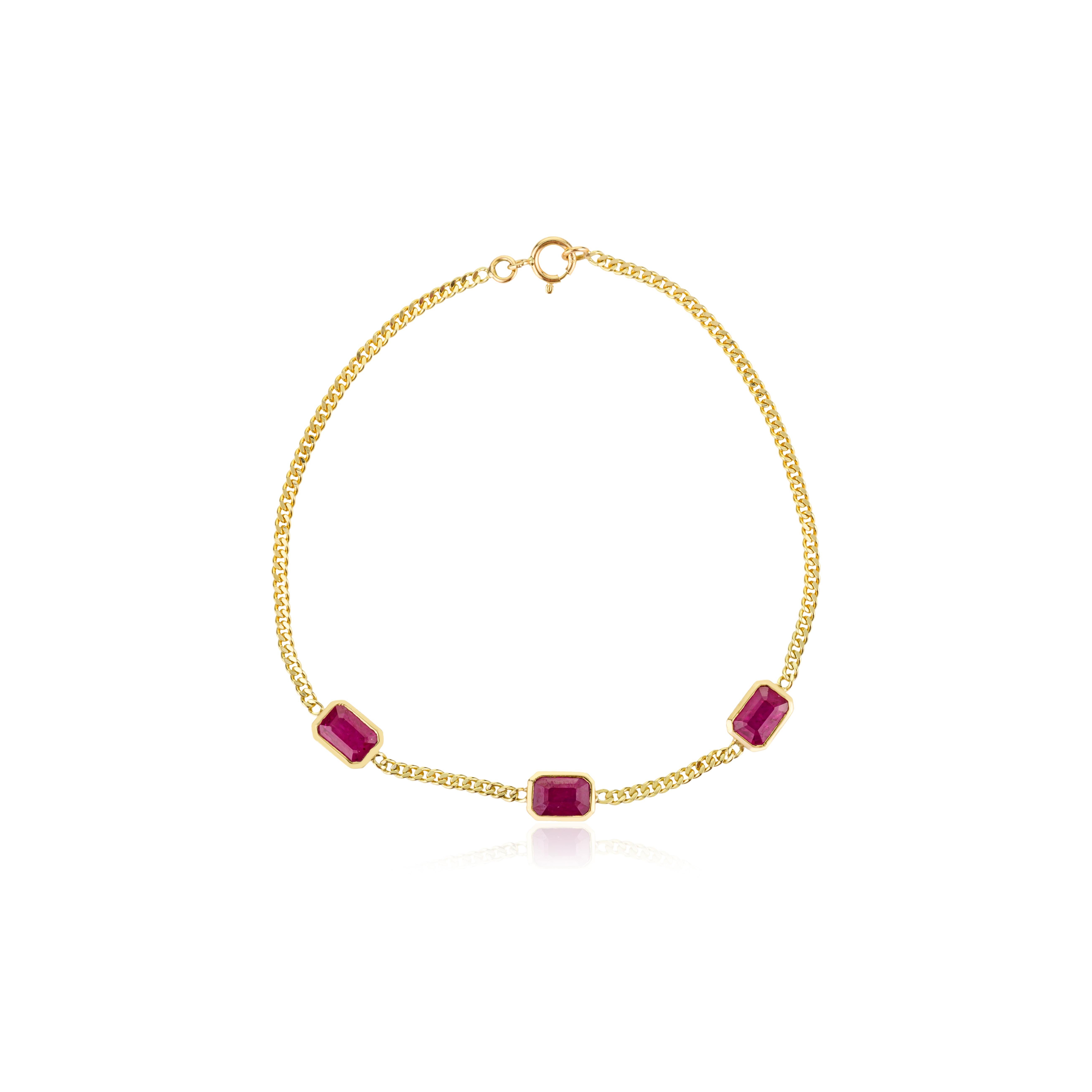 Bracelet en or jaune massif 14k avec chaîne à rubis Fine Statement Jewelry en vente 1