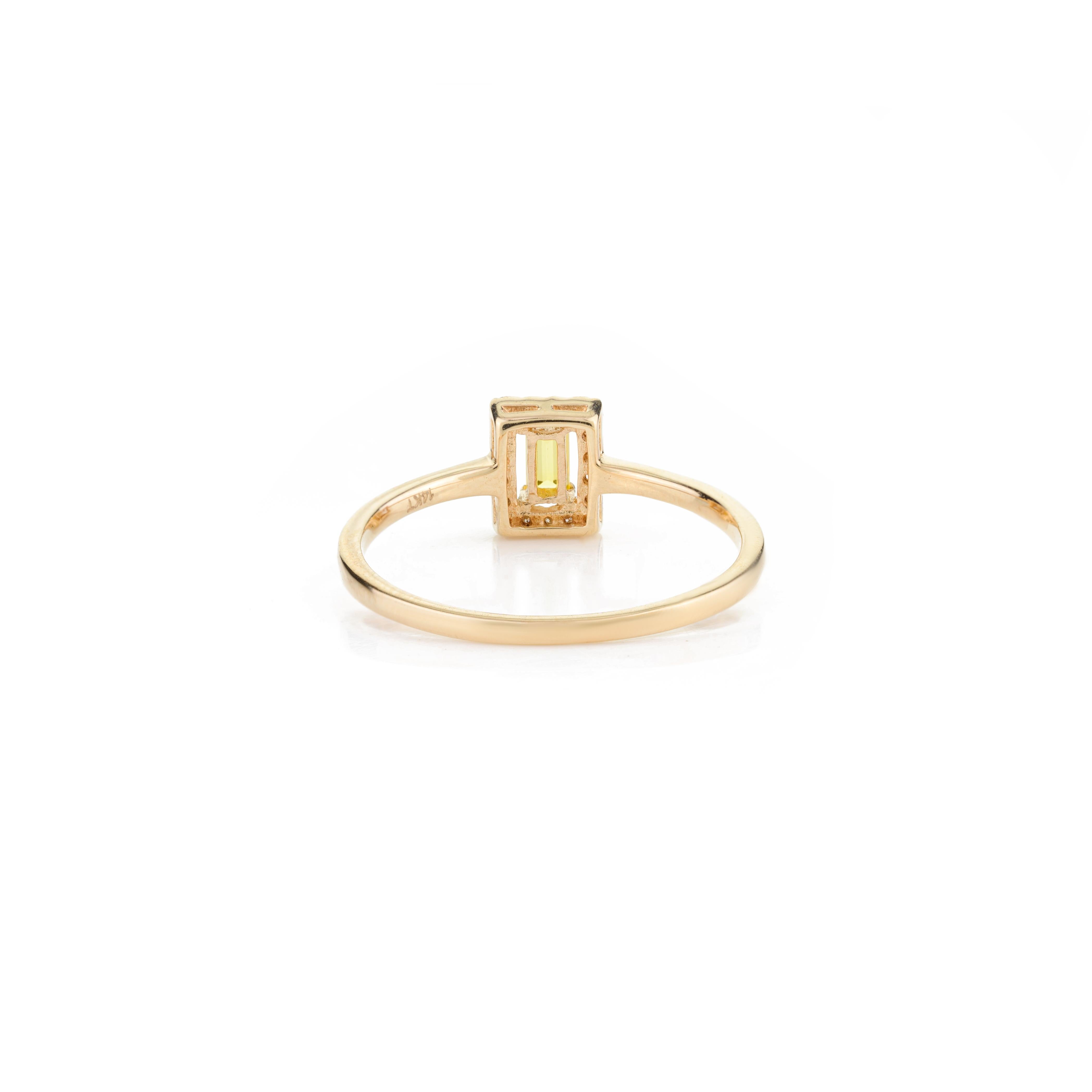 For Sale:  14k Solid Yellow Gold Dainty Baguette Yellow Sapphire and Halo Diamond Ring 5