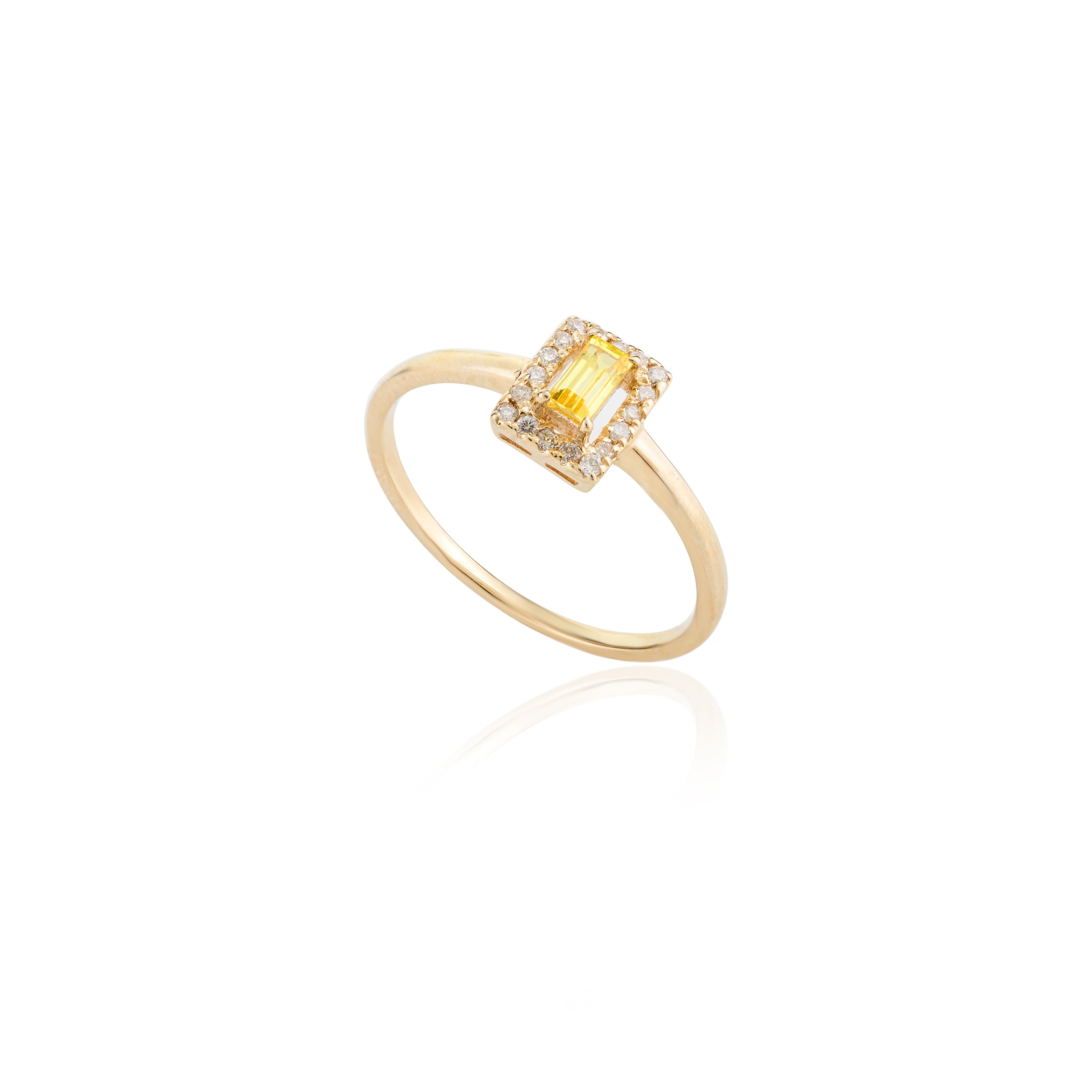 For Sale:  14k Solid Yellow Gold Dainty Baguette Yellow Sapphire and Halo Diamond Ring 7