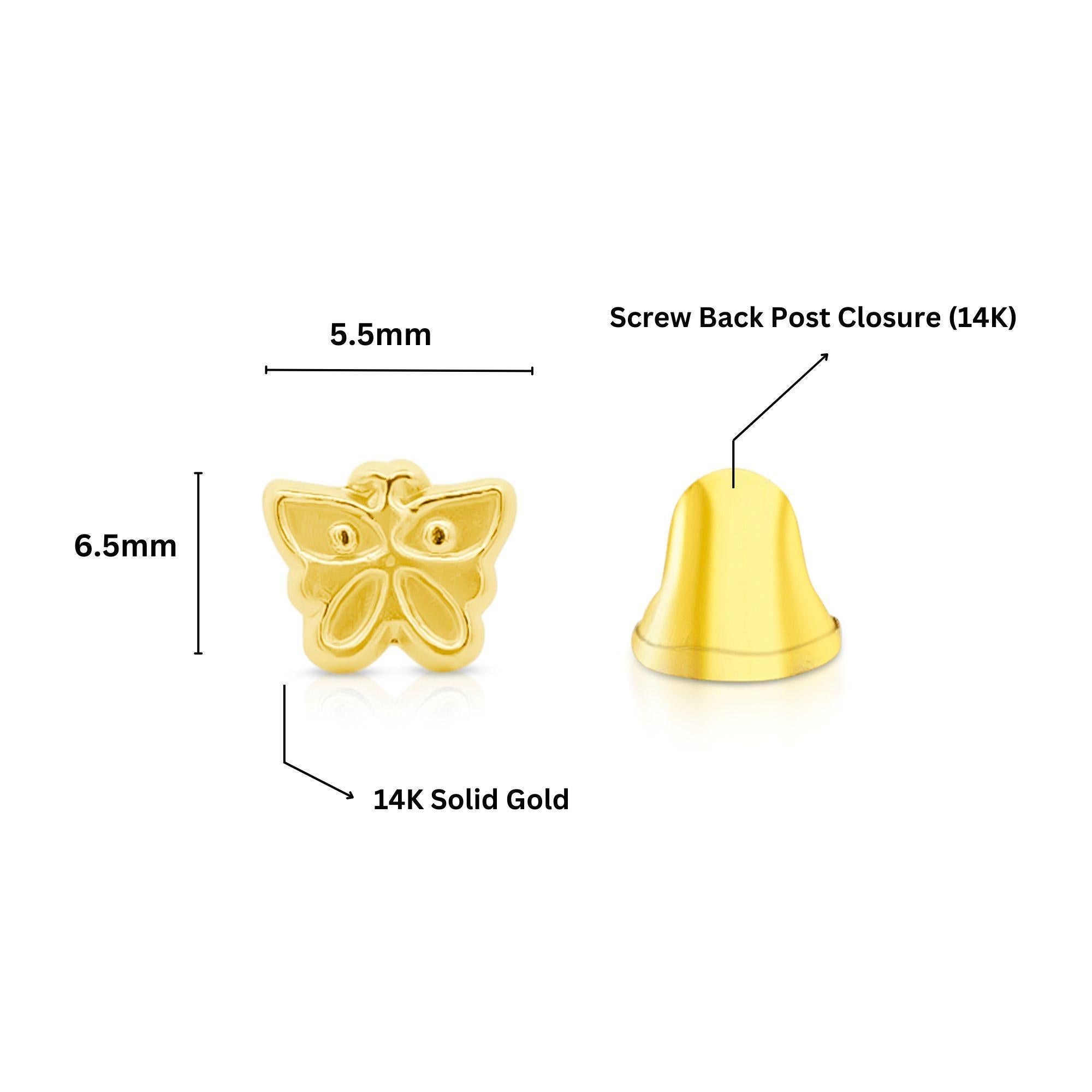 14K Solid Yellow Gold Dainty Butterfly Stud Earrings Screw Back Closure For Sale 2