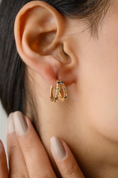 14k Solid Yellow Gold Dainty Multi Color Sapphire Hoop Earrings for Women
