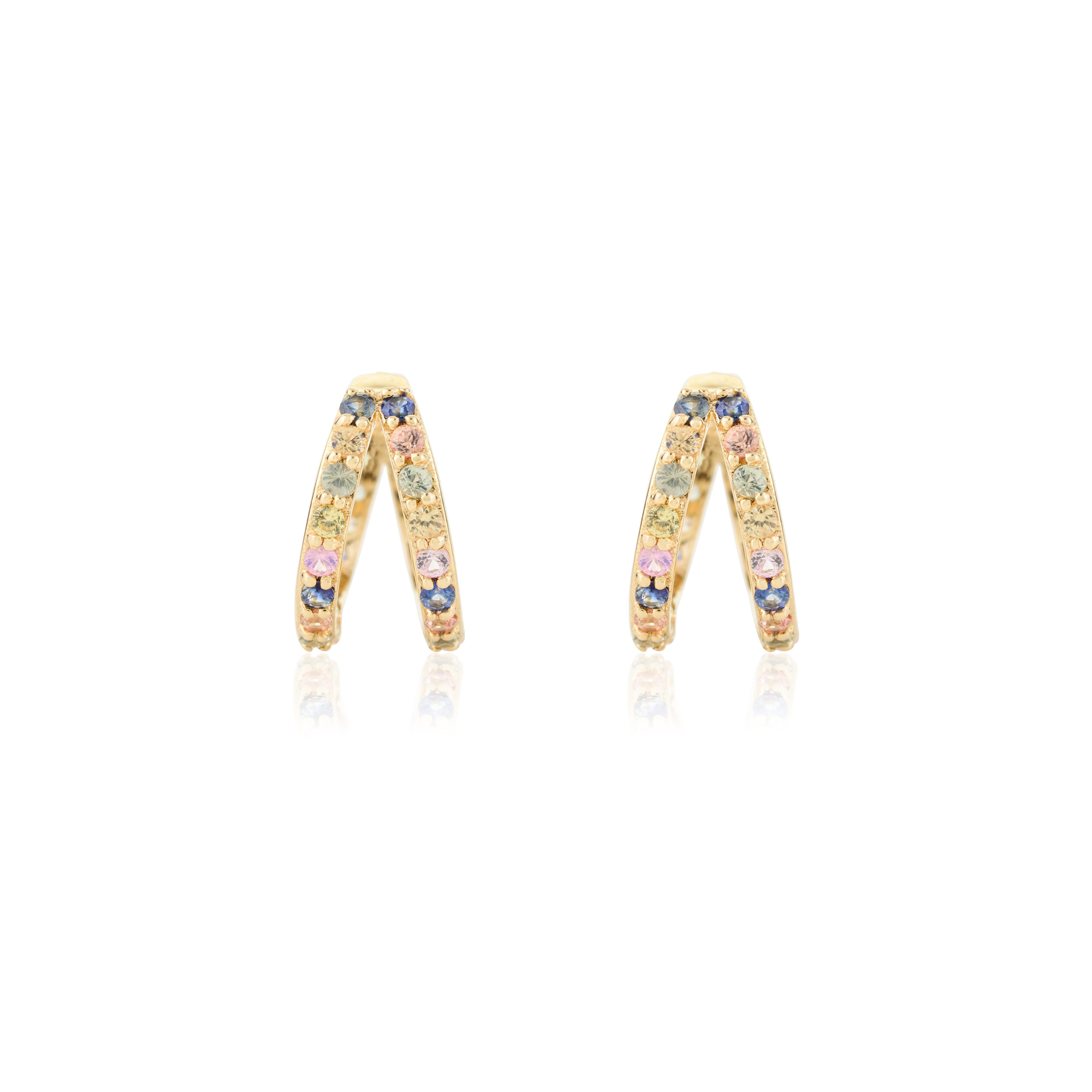 Contemporain Créoles pour femmes en or jaune massif 14 carats avec saphirs multicolores en vente