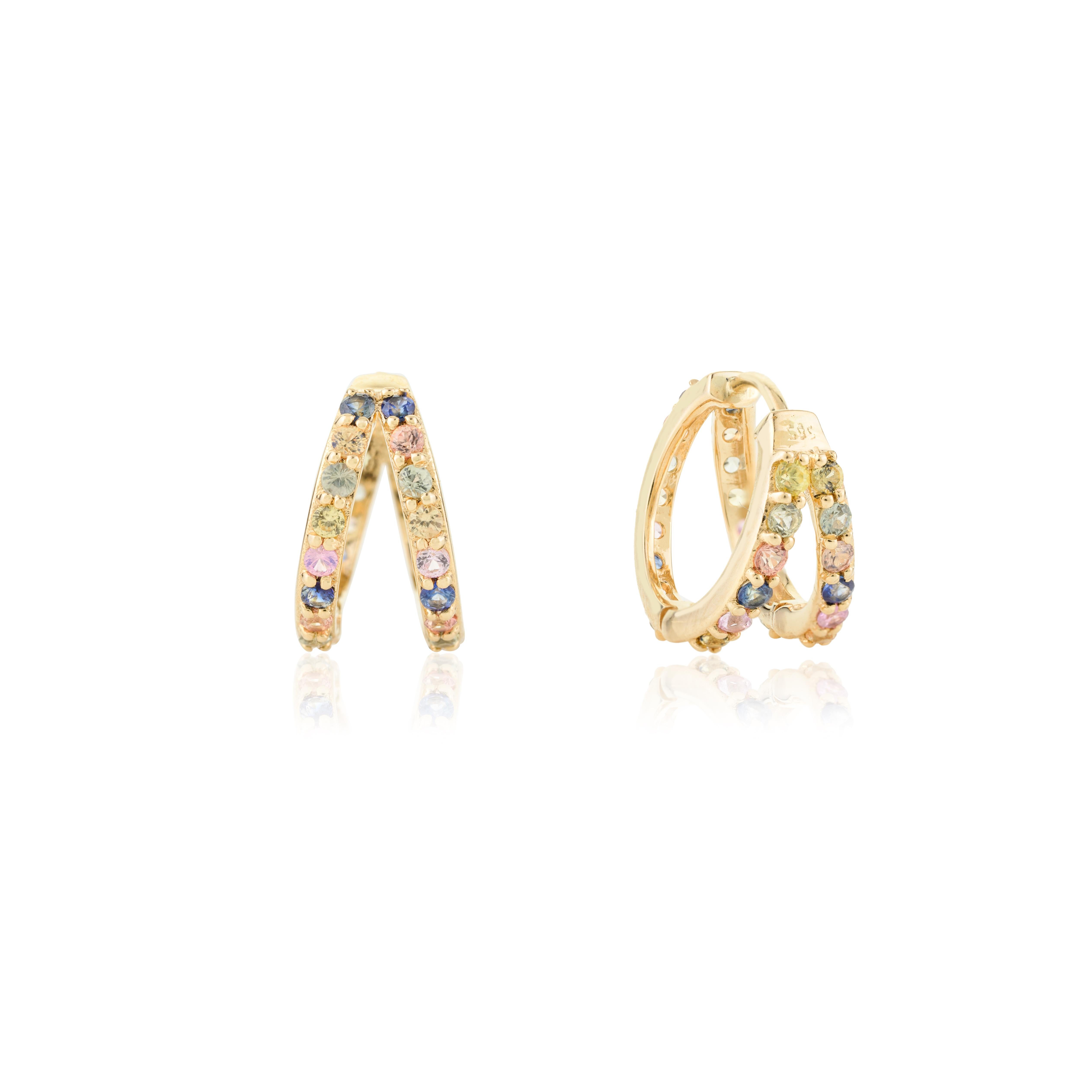 Créoles pour femmes en or jaune massif 14 carats avec saphirs multicolores Neuf - En vente à New York, NY