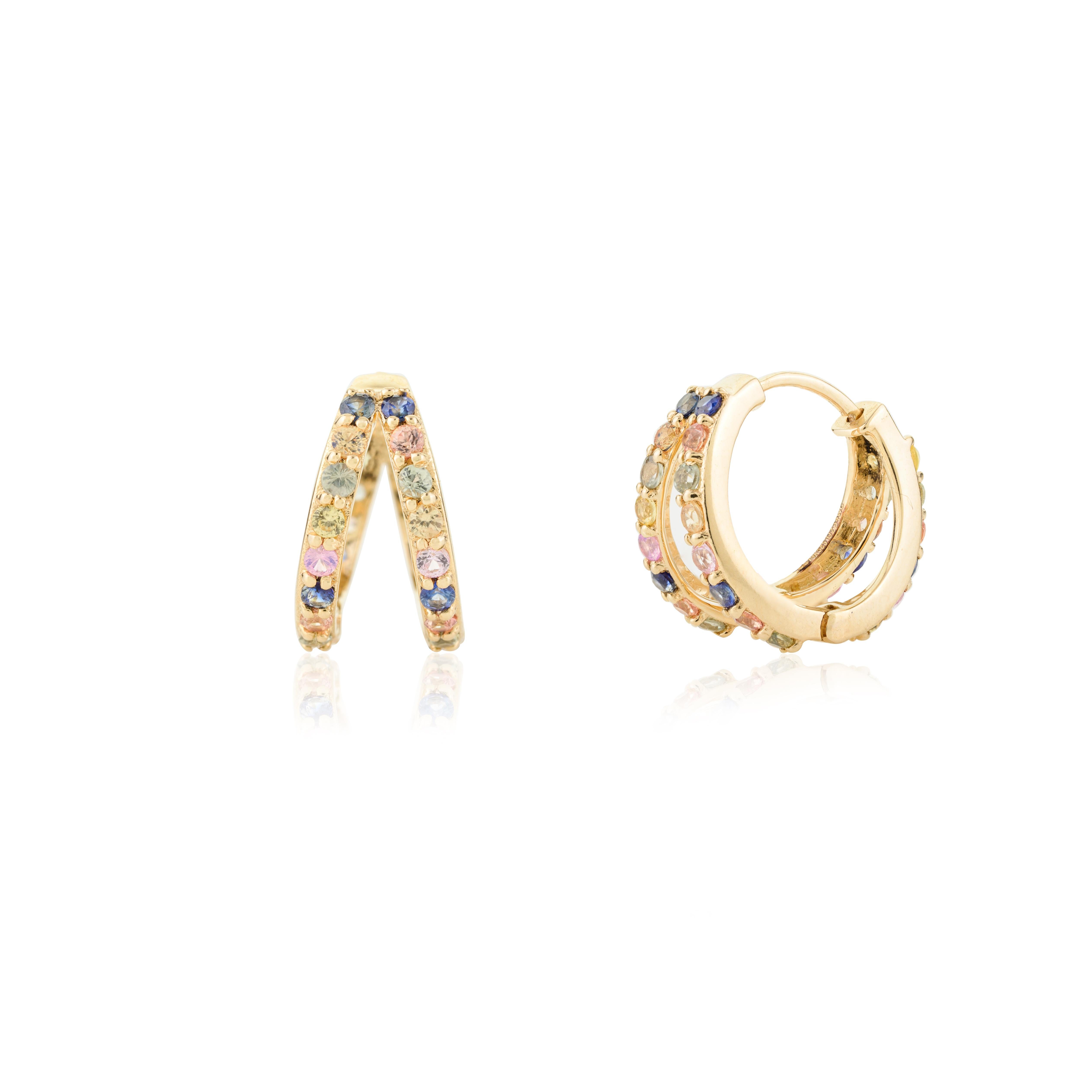 Créoles pour femmes en or jaune massif 14 carats avec saphirs multicolores en vente 1