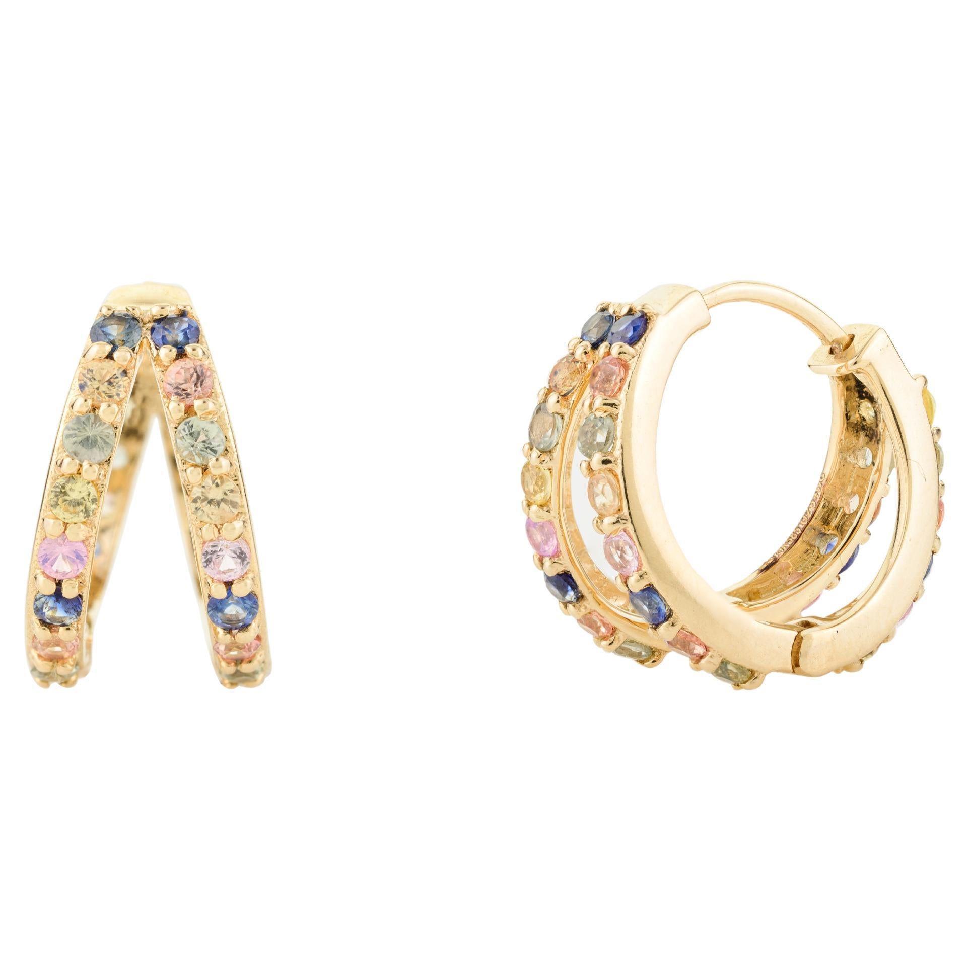 14k Solid Yellow Gold Dainty Multi Color Sapphire Hoop Earrings for Women