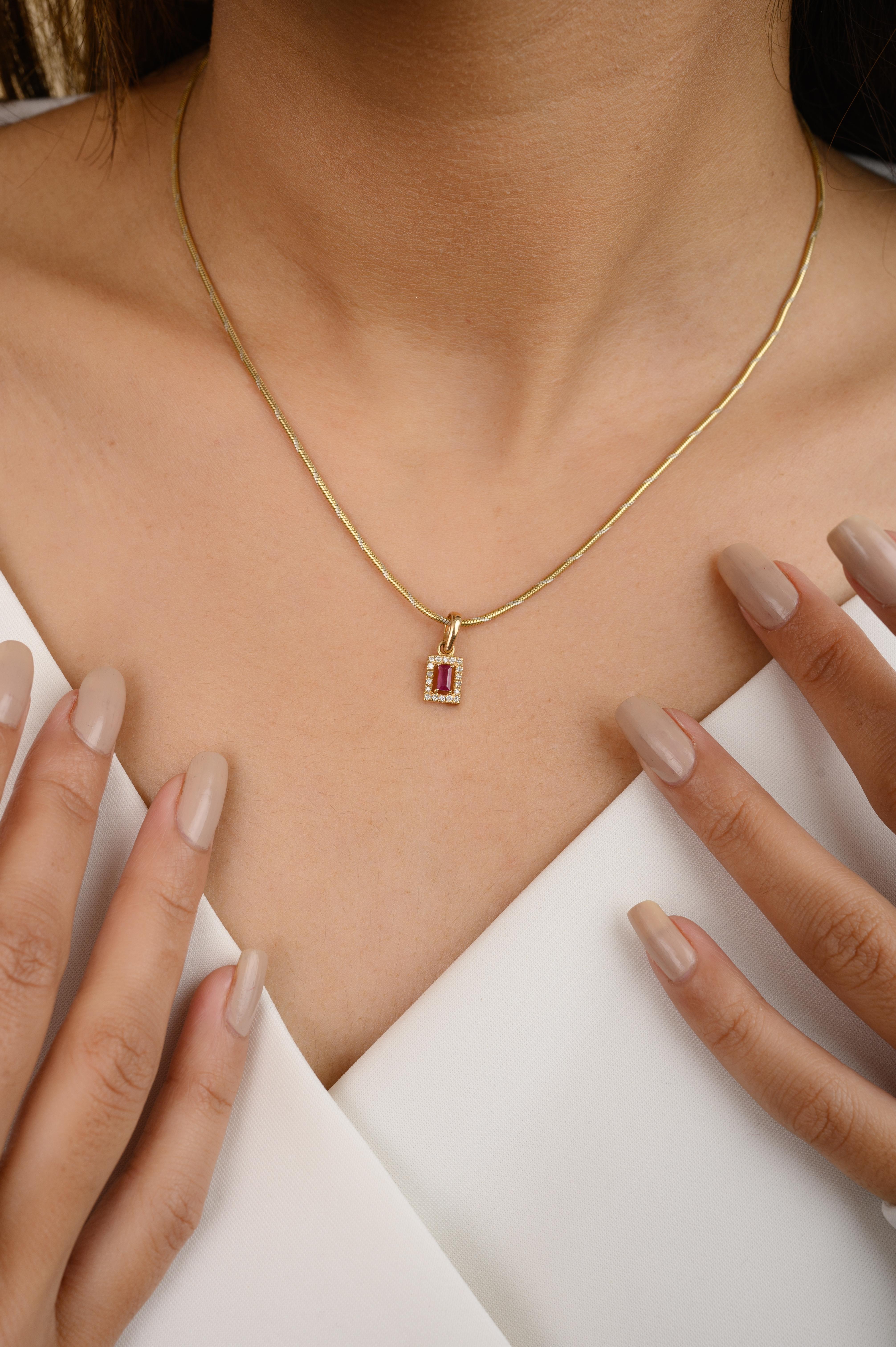 Baguette Cut 14k Solid Yellow Gold Dainty Ruby Diamond Halo Pendant Valentine Gift For Sale