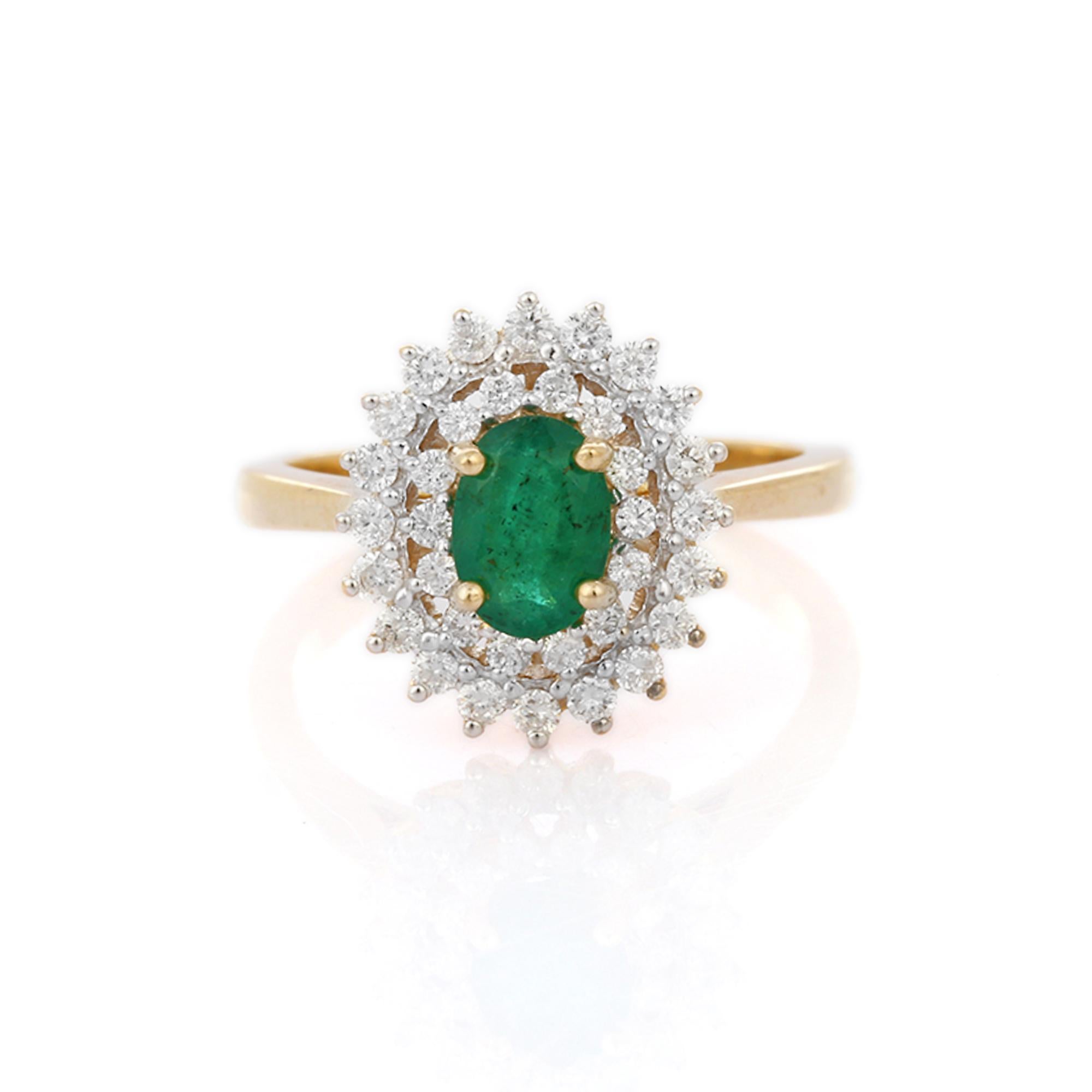 For Sale:  14K Yellow Gold Designer Oval Cut Emerald Ring Mounted with Layers of Diamonds 5