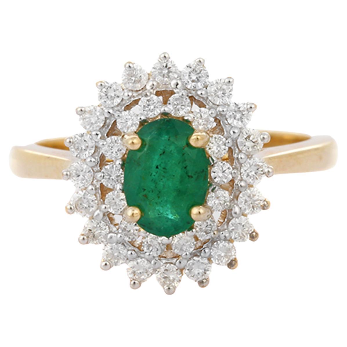 14K Yellow Gold Designer Oval Cut Emerald Ring Mounted with Layers of Diamonds