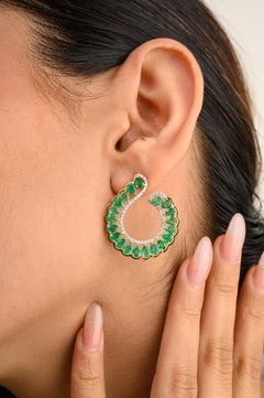 14k Solid Yellow Gold Genuine Emerald Diamond Statement Earrings for Wedding