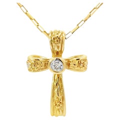 14K Solid Yellow Gold Diamond Cross Pendant on Paper Clip Chain