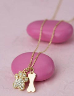 Diamond Dog Paw Bone Pendant Necklace in 14K Solid Yellow Gold 16"