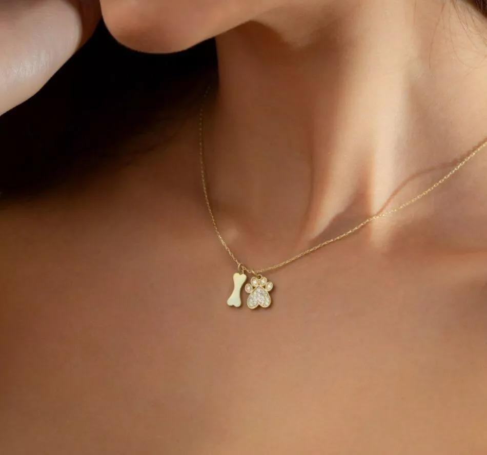 Diamond Dog Paw Bone Pendant Necklace in 14K Solid Yellow Gold 20