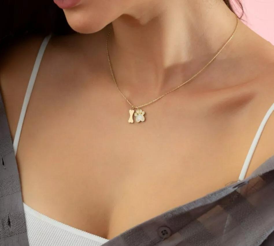 Women's Diamond Dog Paw Bone Pendant Necklace in 14K Solid Yellow Gold 20
