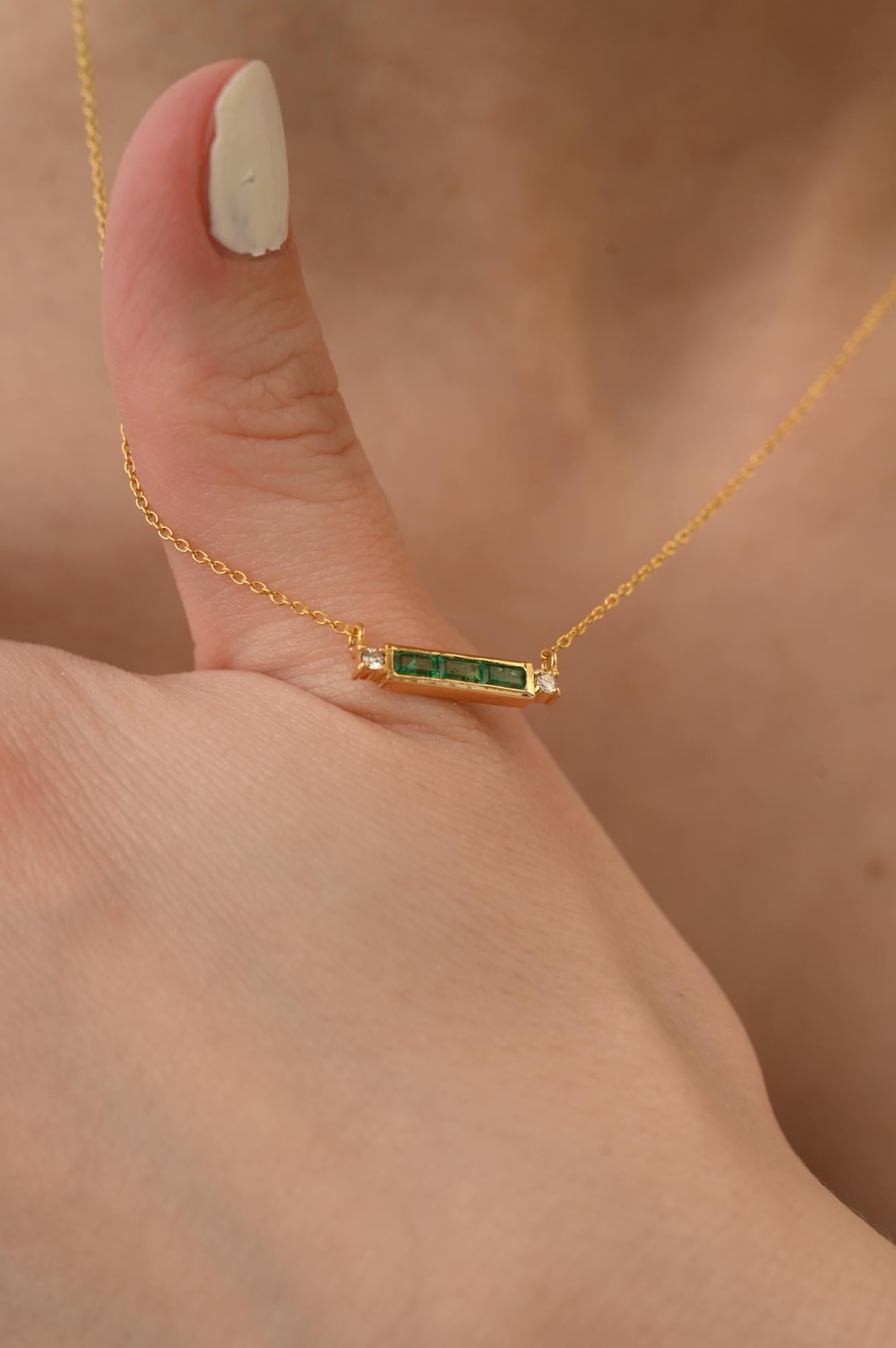 14k Solid Yellow Gold Diamond Emerald Baguette Bar Necklace, Thank You Gift For Sale 6
