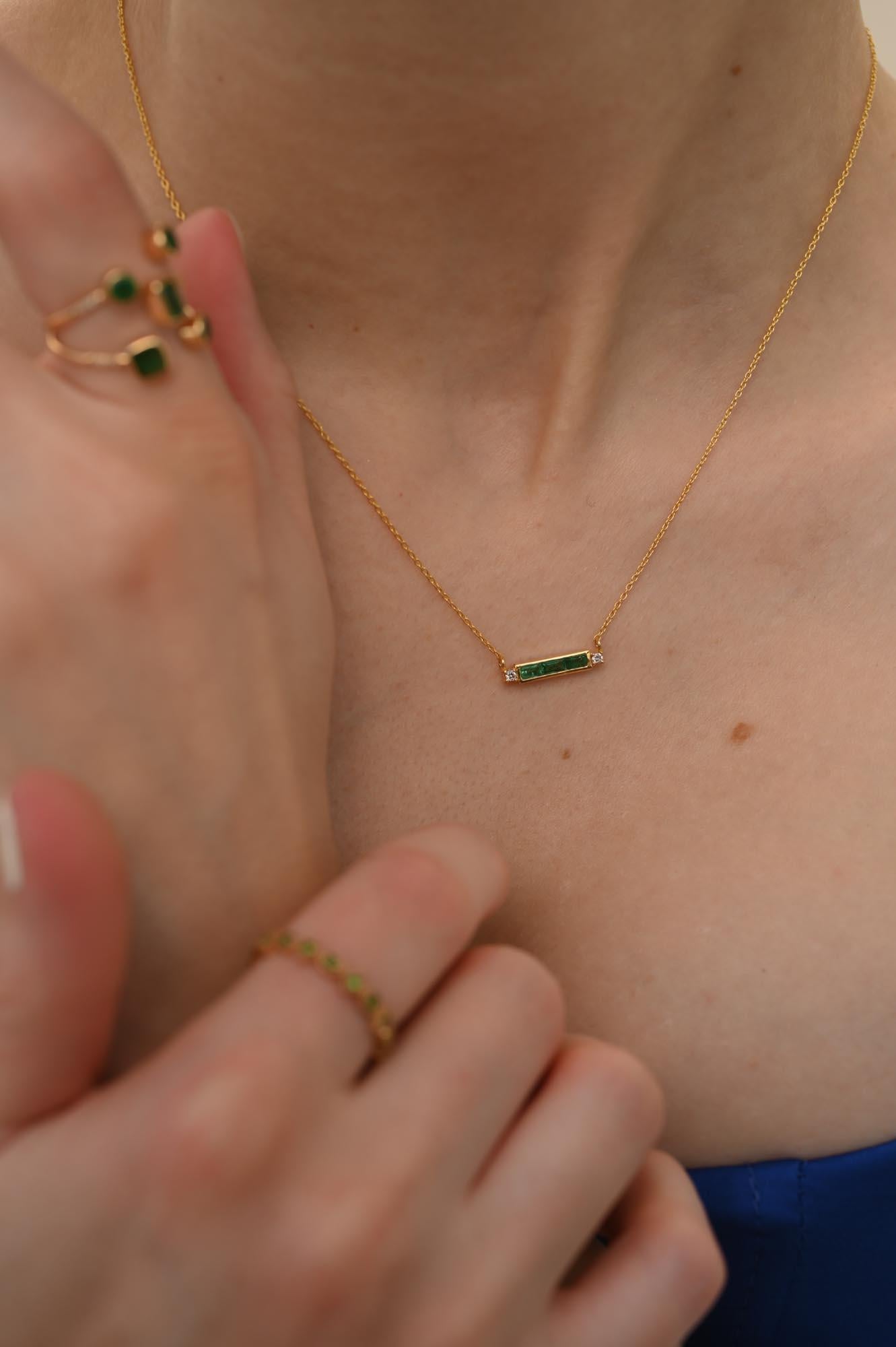 14k Solid Yellow Gold Diamond Emerald Baguette Bar Necklace, Thank You Gift For Sale 8