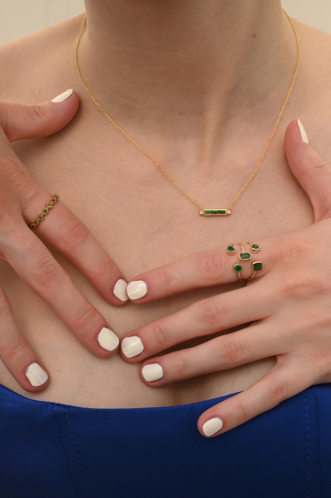 14k Solid Yellow Gold Diamond Emerald Baguette Bar Necklace, Thank You Gift For Sale 9
