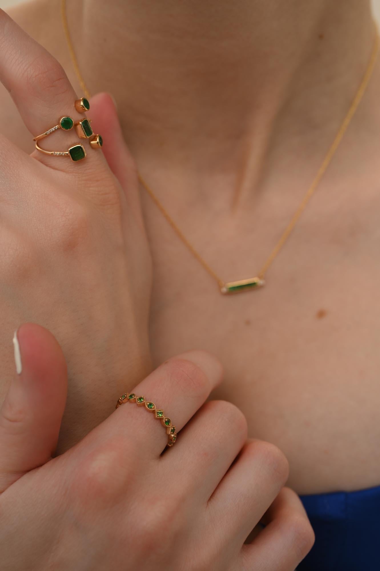 14k Solid Yellow Gold Diamond Emerald Baguette Bar Necklace, Thank You Gift For Sale 10