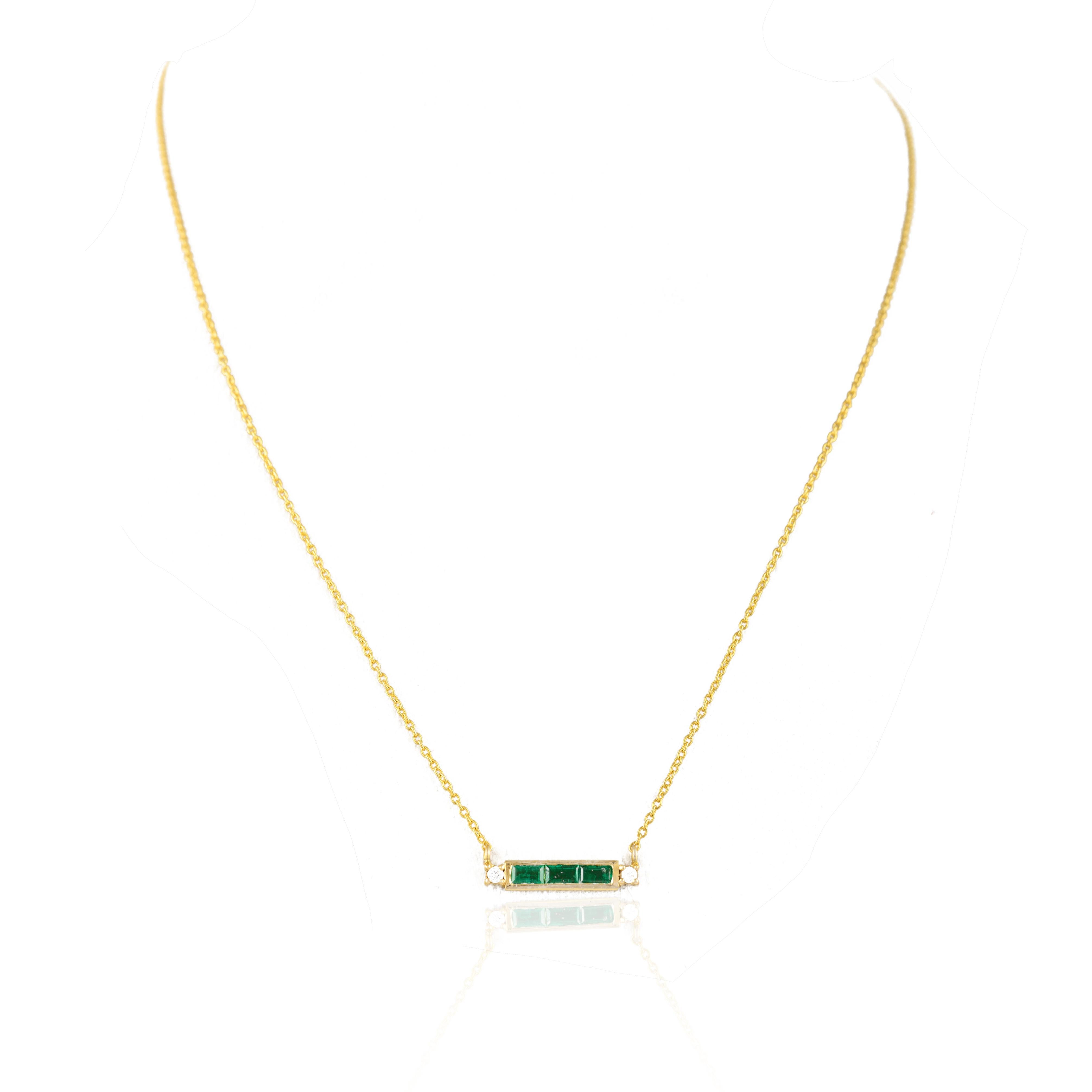Modern 14k Solid Yellow Gold Diamond Emerald Baguette Bar Necklace, Thank You Gift For Sale