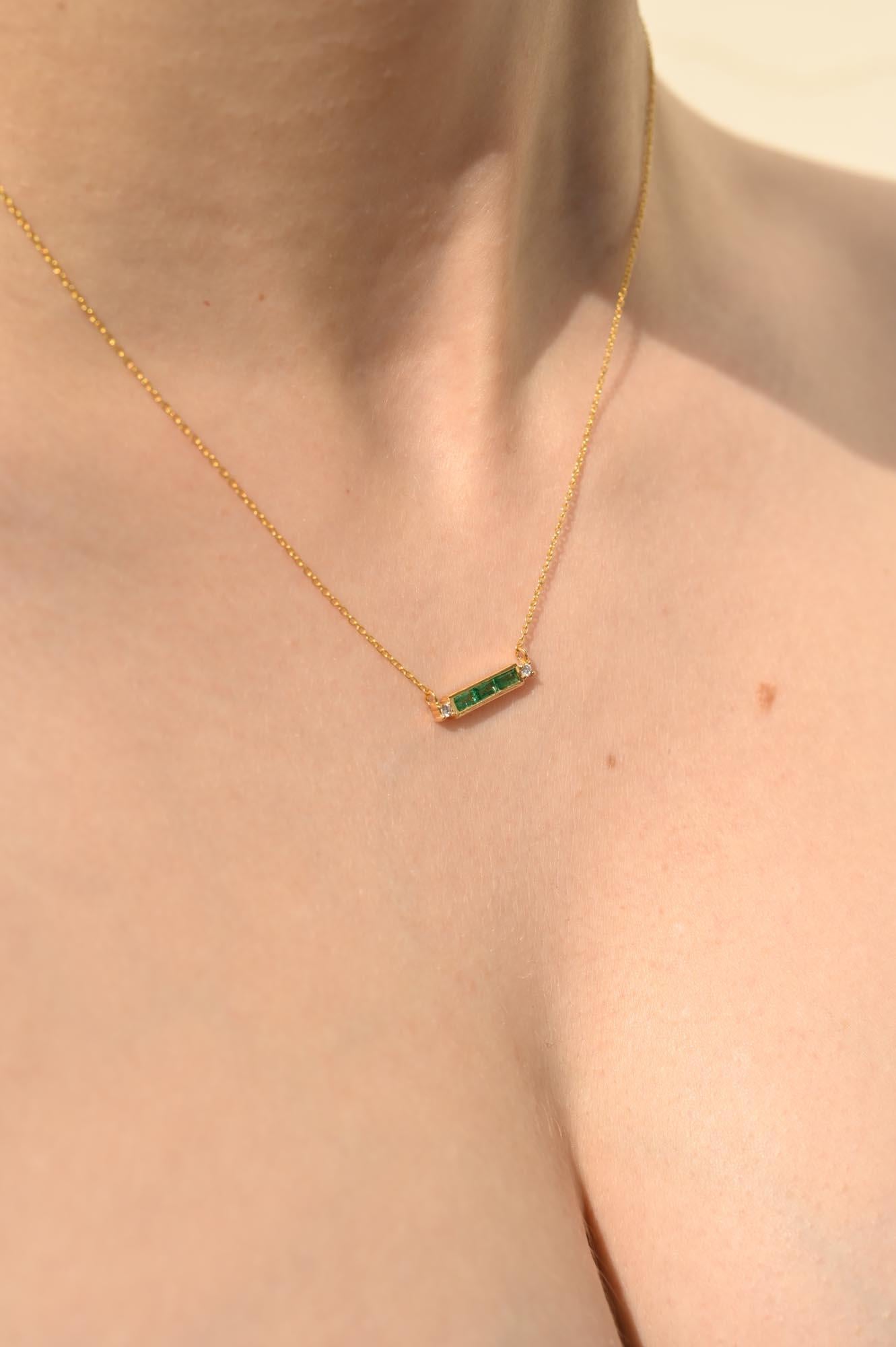 14k Solid Yellow Gold Diamond Emerald Baguette Bar Necklace, Thank You Gift For Sale 3